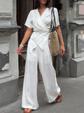 Wrap Top & Wide Leg Pants Set - Girly Tea