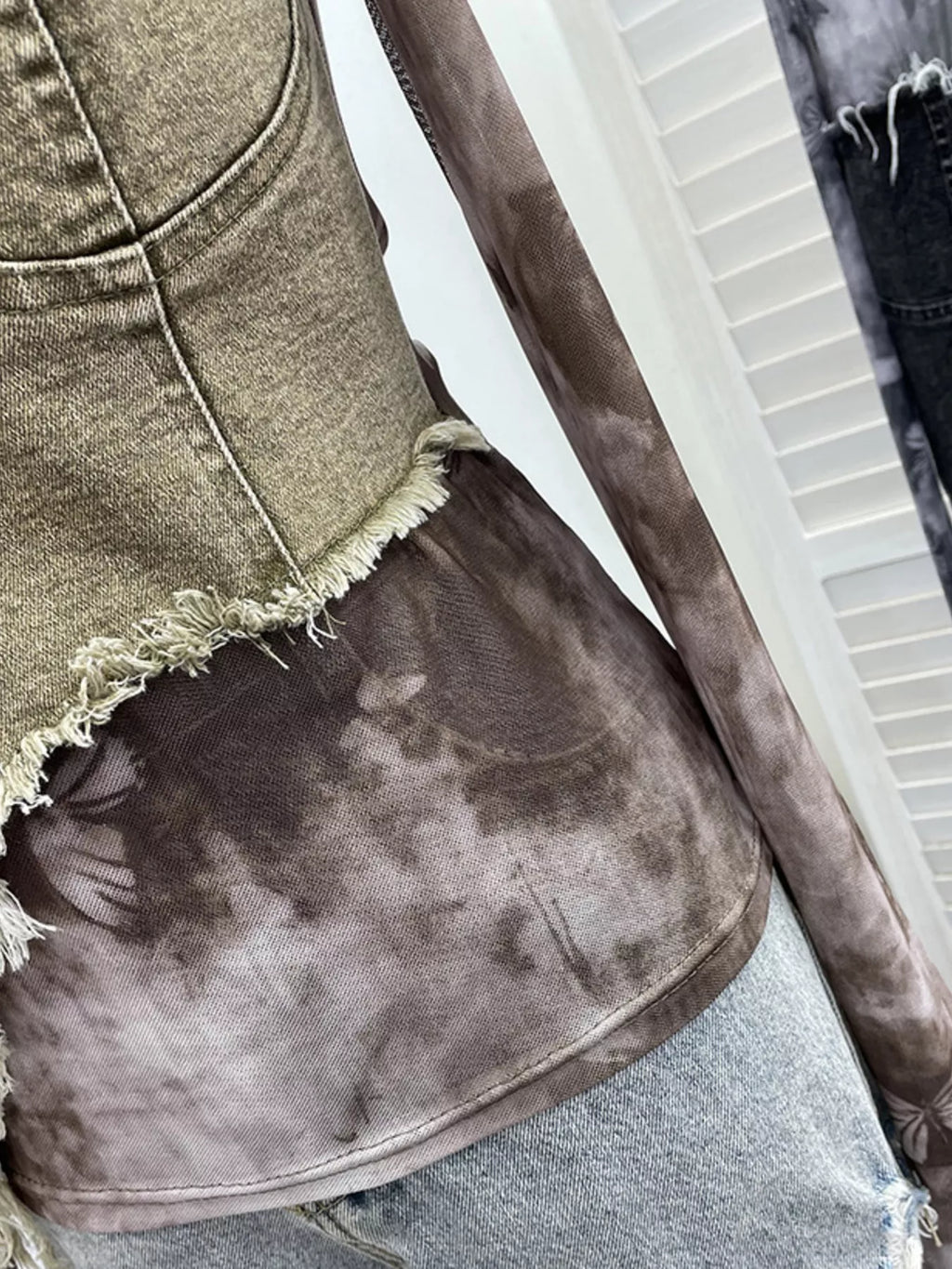 Asymmetrical Neck Denim Patchwork Top - Girly Tea