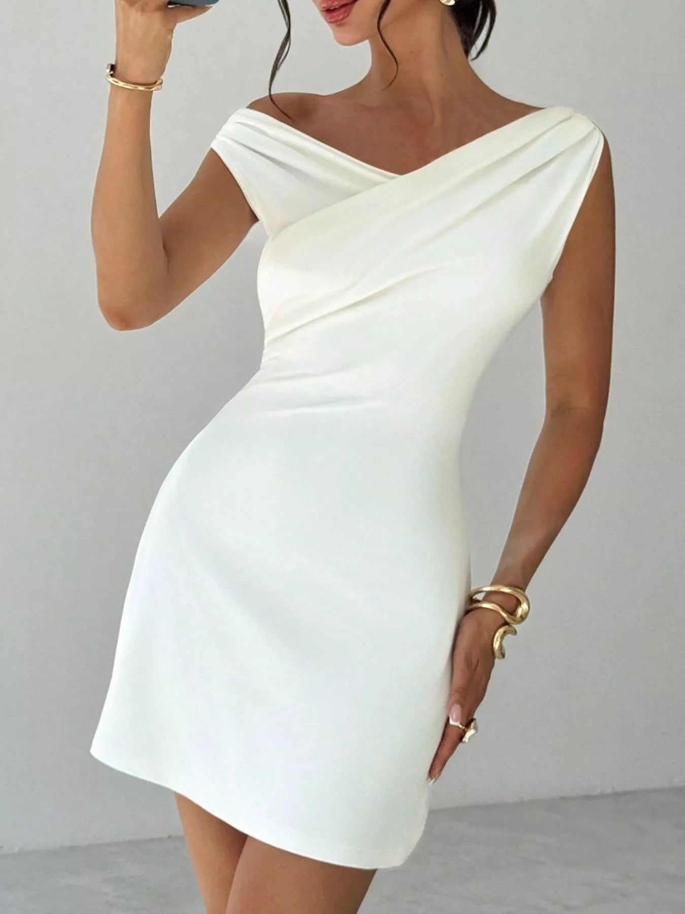 Elegant Off-Shoulder Draped Mini Dress - Girly Tea