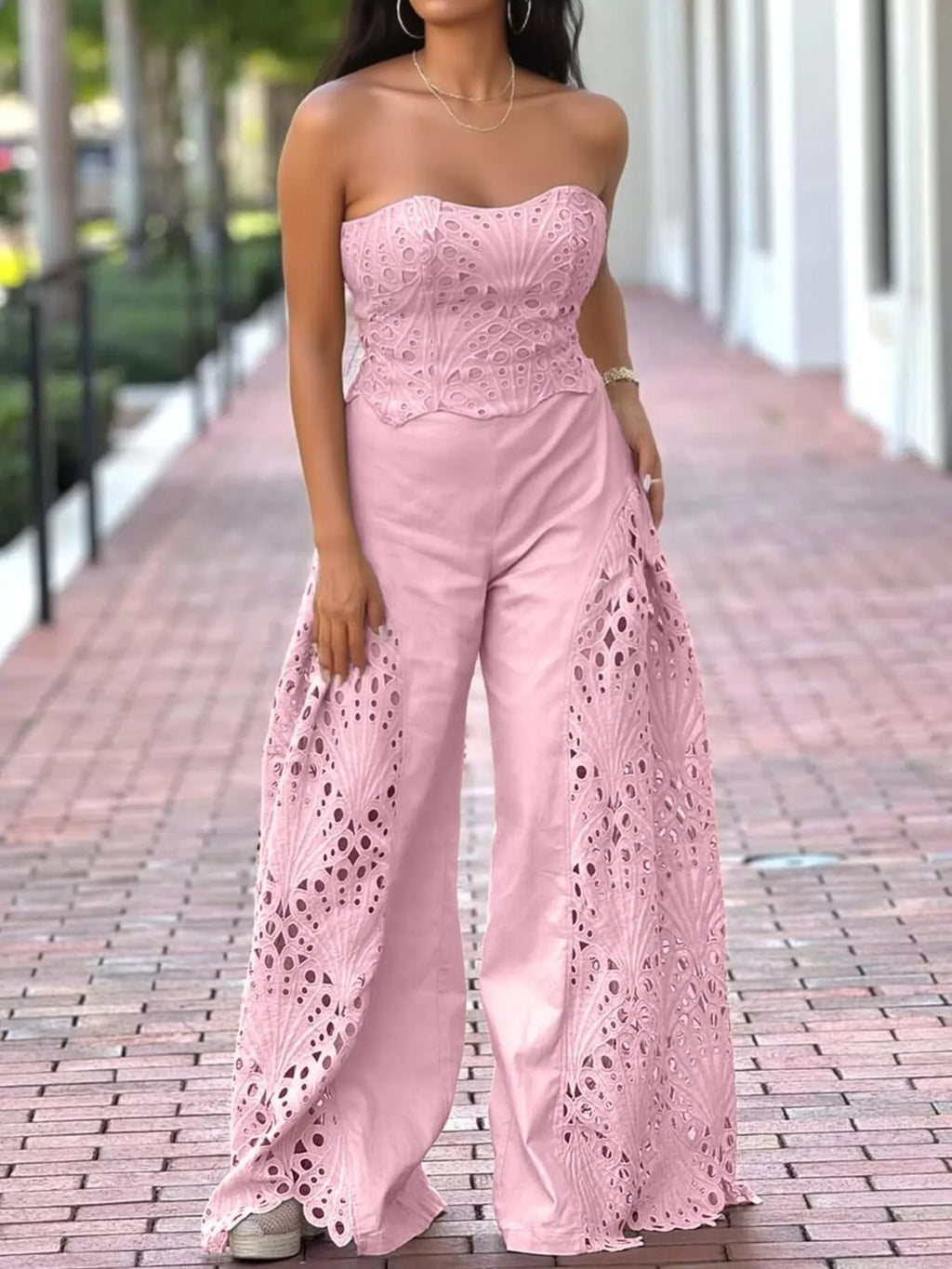 Hollow-Out Tube Top and Pants Two-Piece Set - Girly Tea