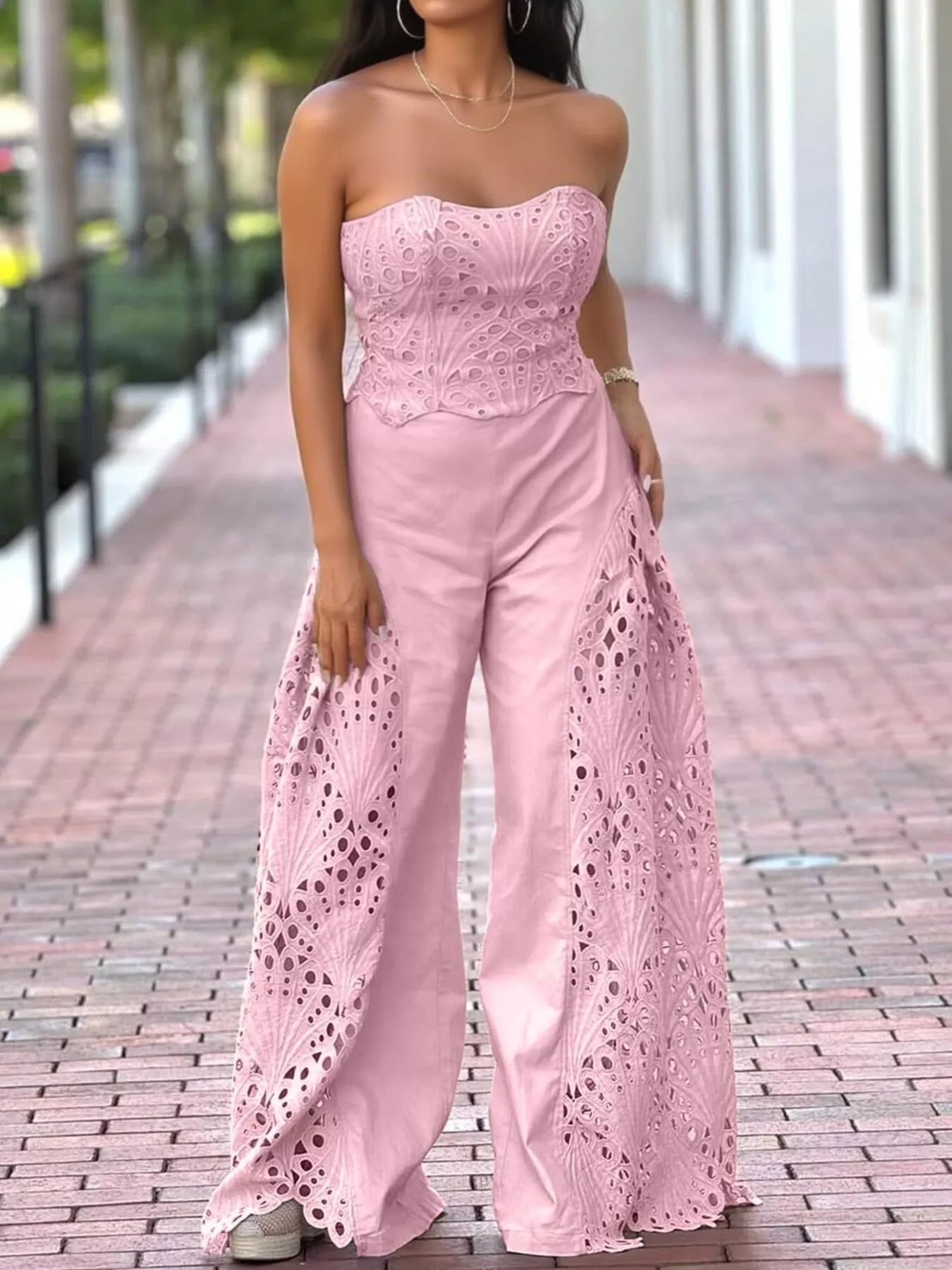 Hollow-Out Tube Top and Pants Two-Piece Set - Girly Tea