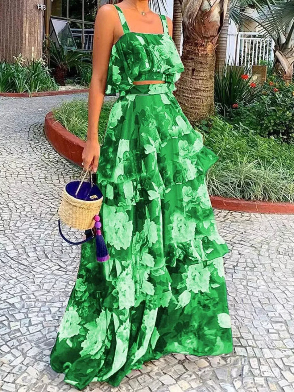 Floral Print Ruffle Cami and Skirt Two-Piece Set - Girly Tea