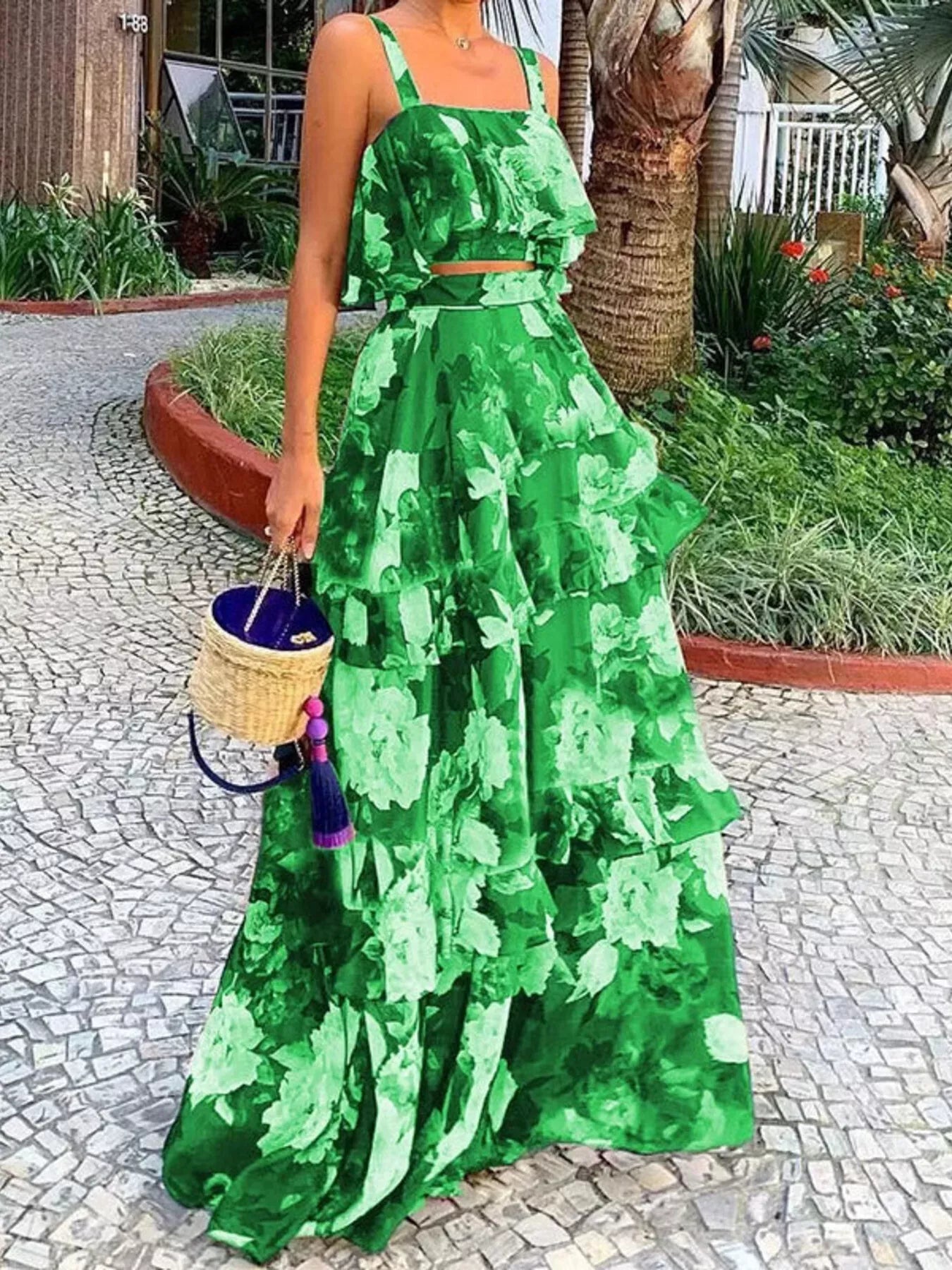 Floral Print Ruffle Cami and Skirt Two-Piece Set - Girly Tea
