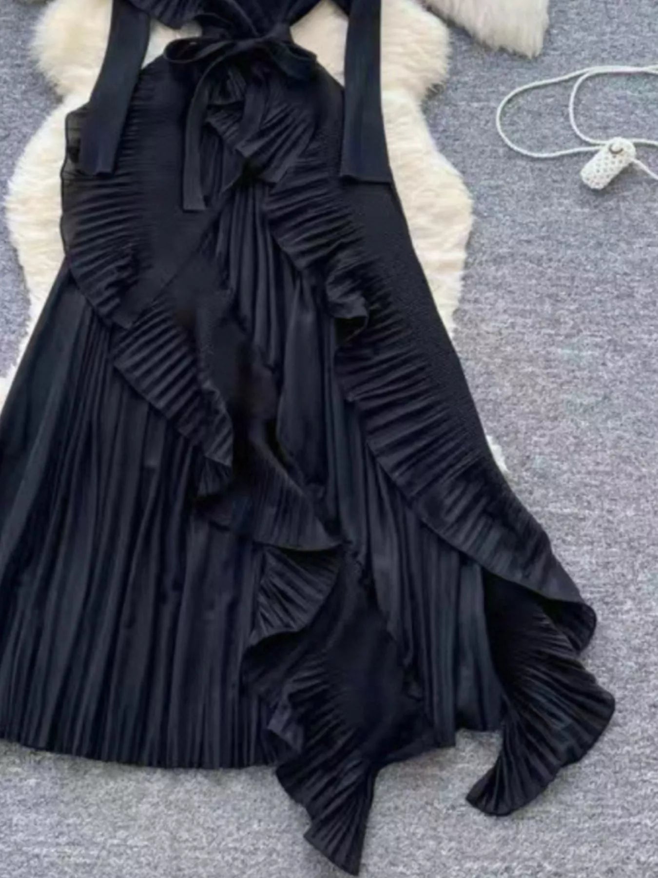 Ruffle Trim Pleated Midi Dress - Girly Tea