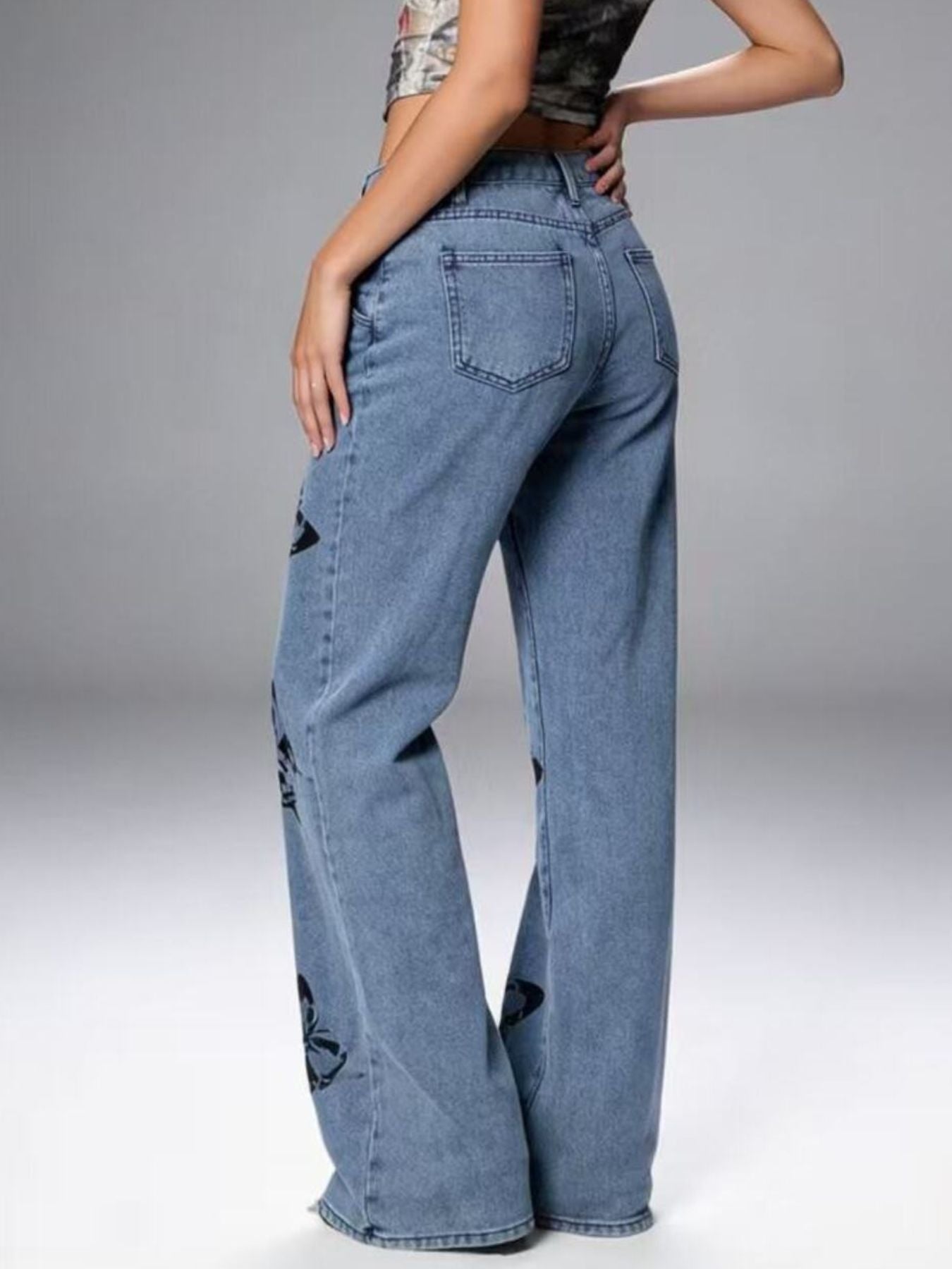 Butterfly Print High-Waisted Wide Leg Jeans - Girly Tea