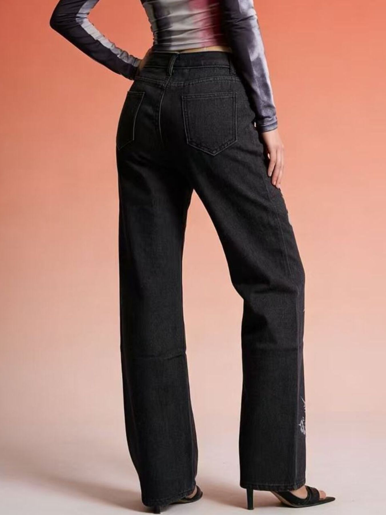 Butterfly Print High-Waisted Wide Leg Jeans - Girly Tea
