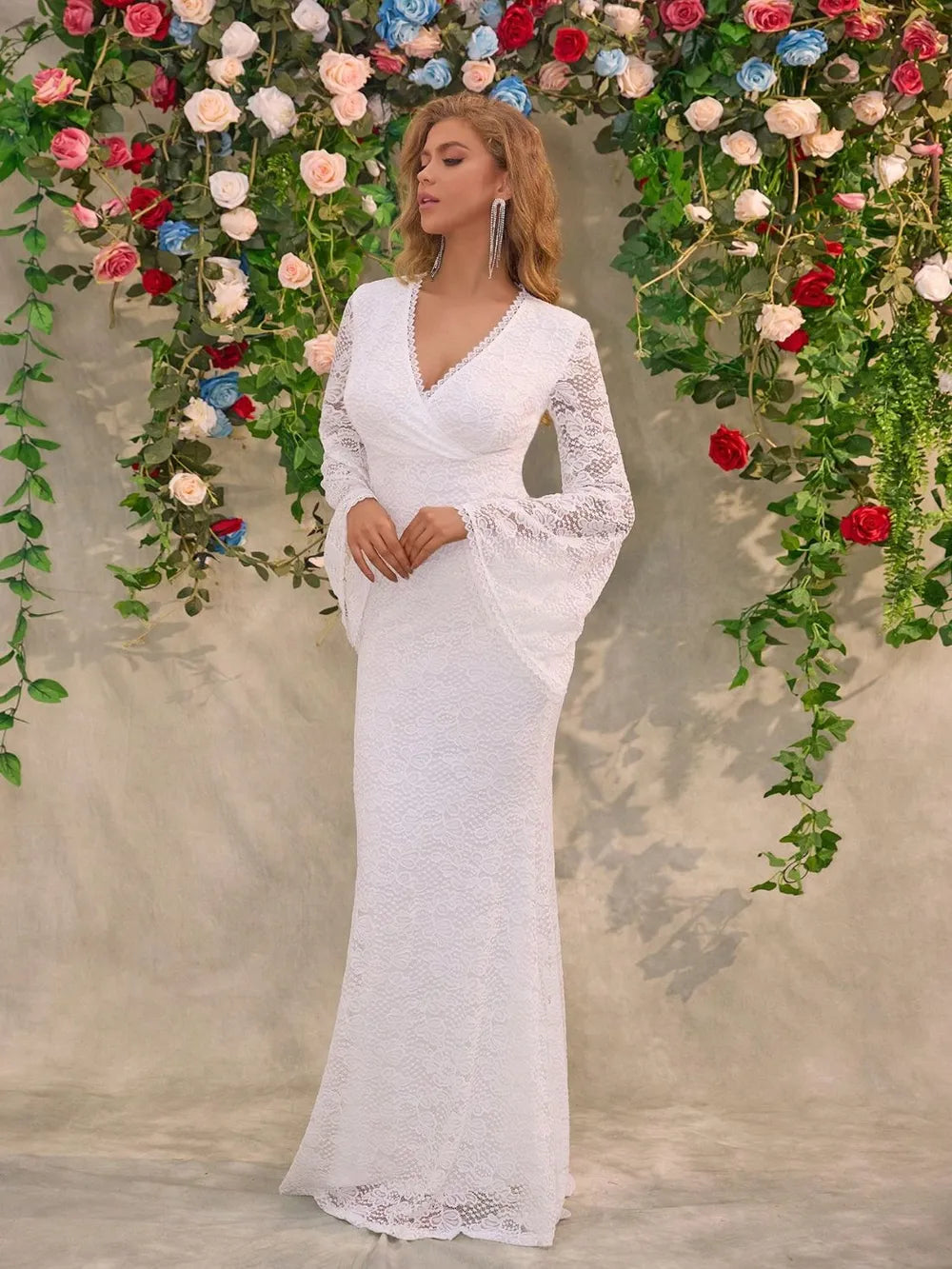 Lace Surplice Flare Sleeve Maxi Dress - Girly Tea