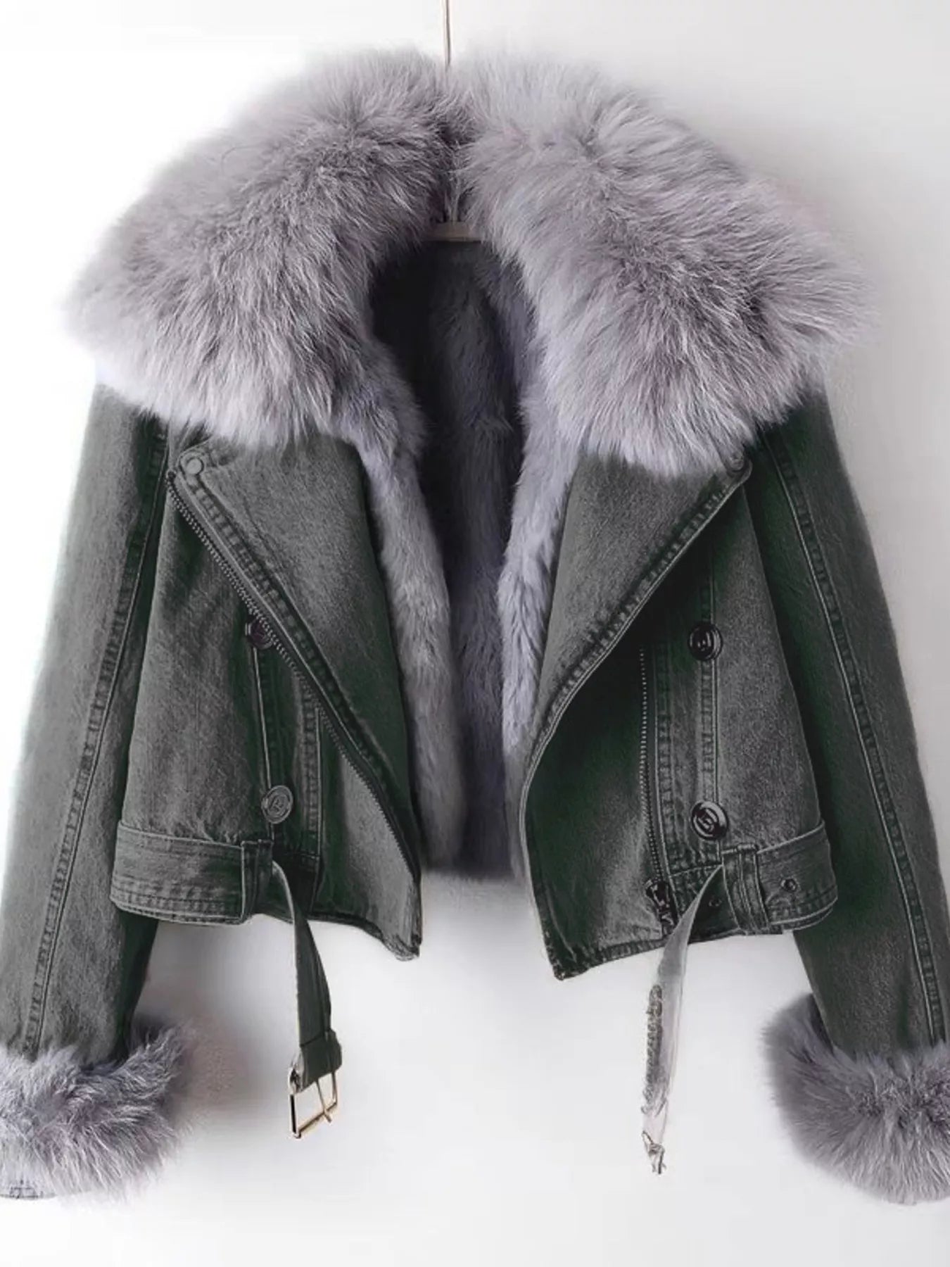 Full Size Faux Fur Collar Denim Jacket Plus Size - Girly Tea