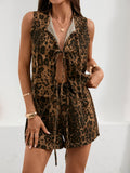 Leopard Print Tie Front Tank and Shorts Denim Set - Girly Tea