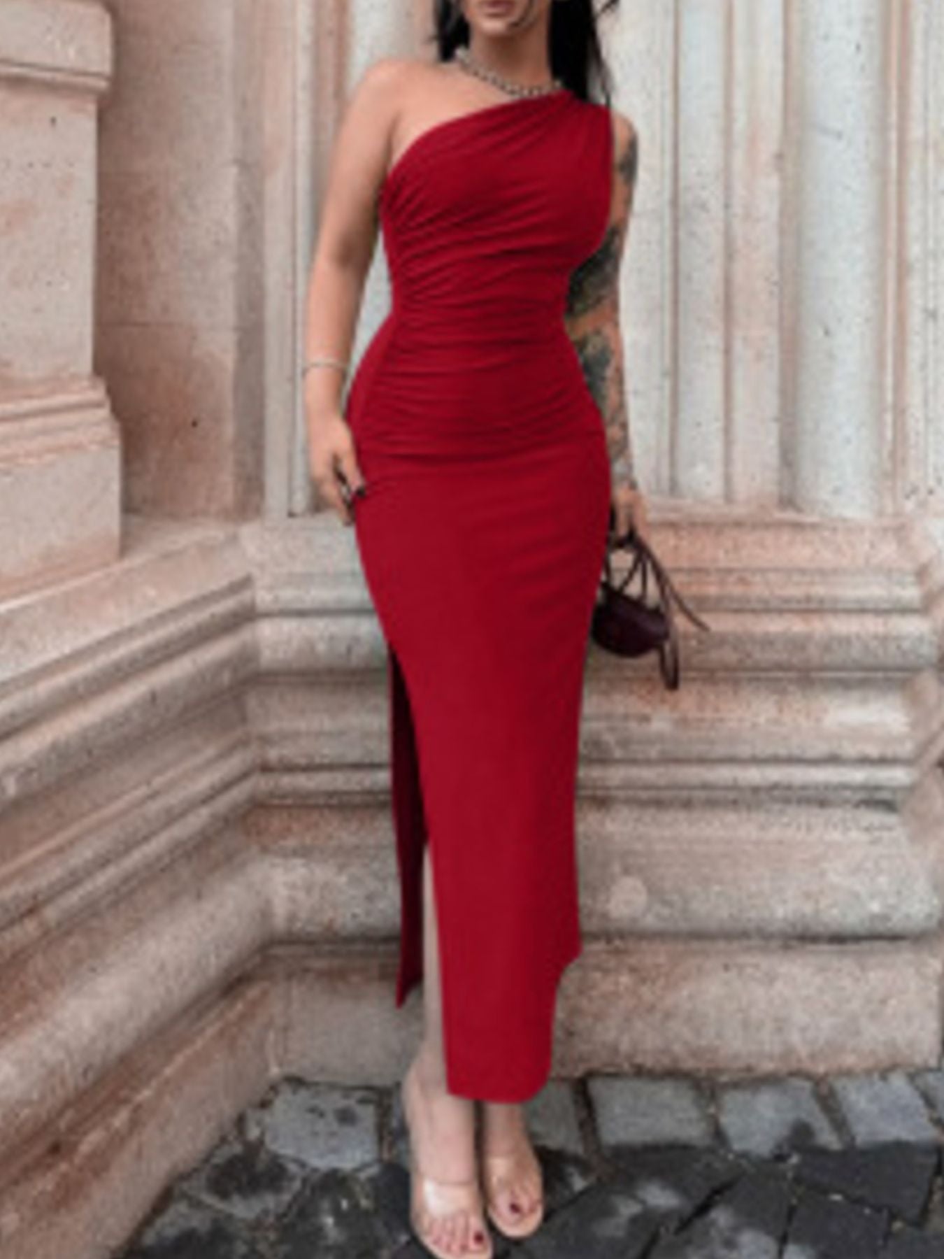 One-Shoulder Ruched Bodycon Slit Dress - Girly Tea