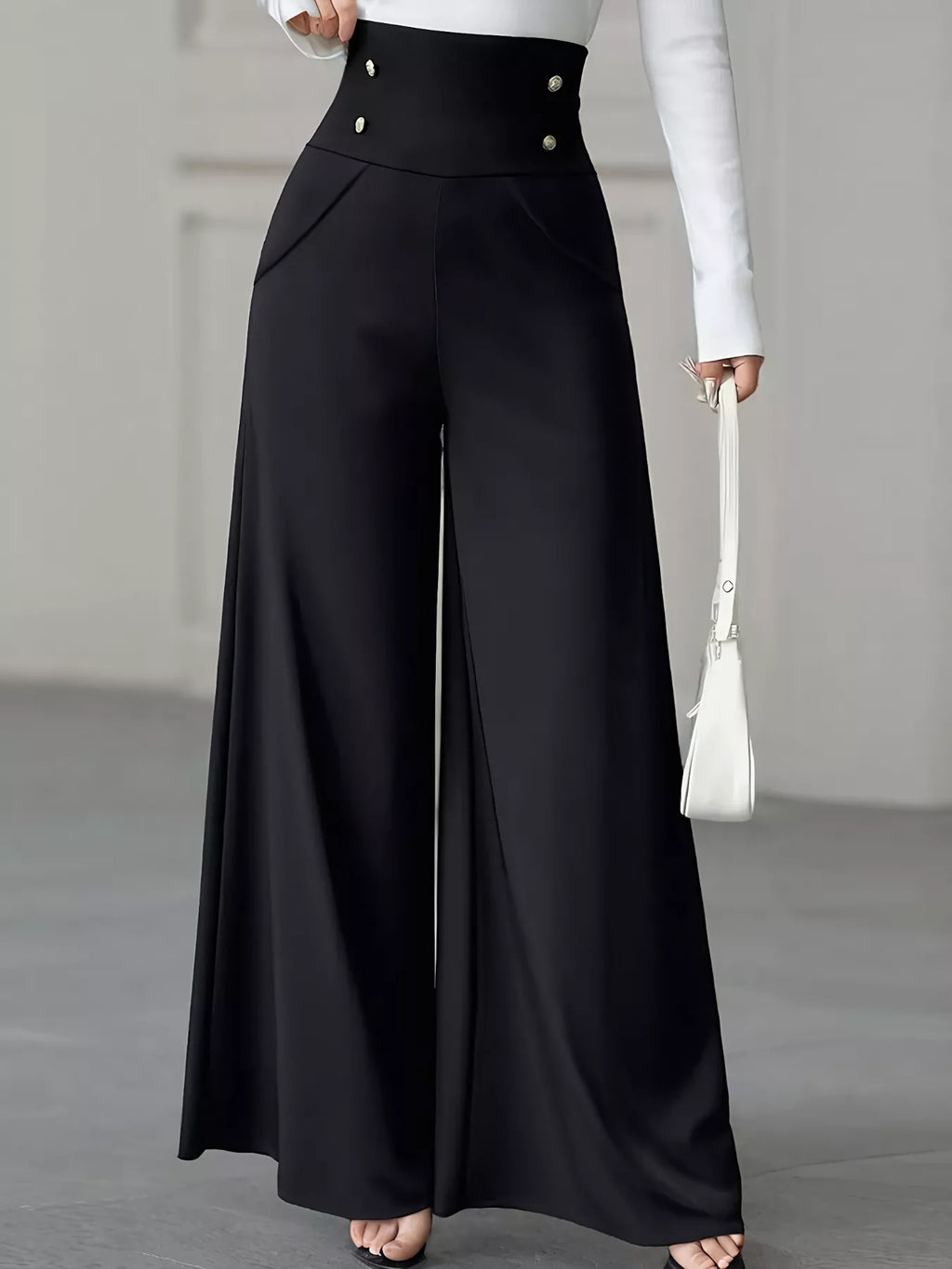 High Waist Wide Leg Button Decor Pants - Girly Tea
