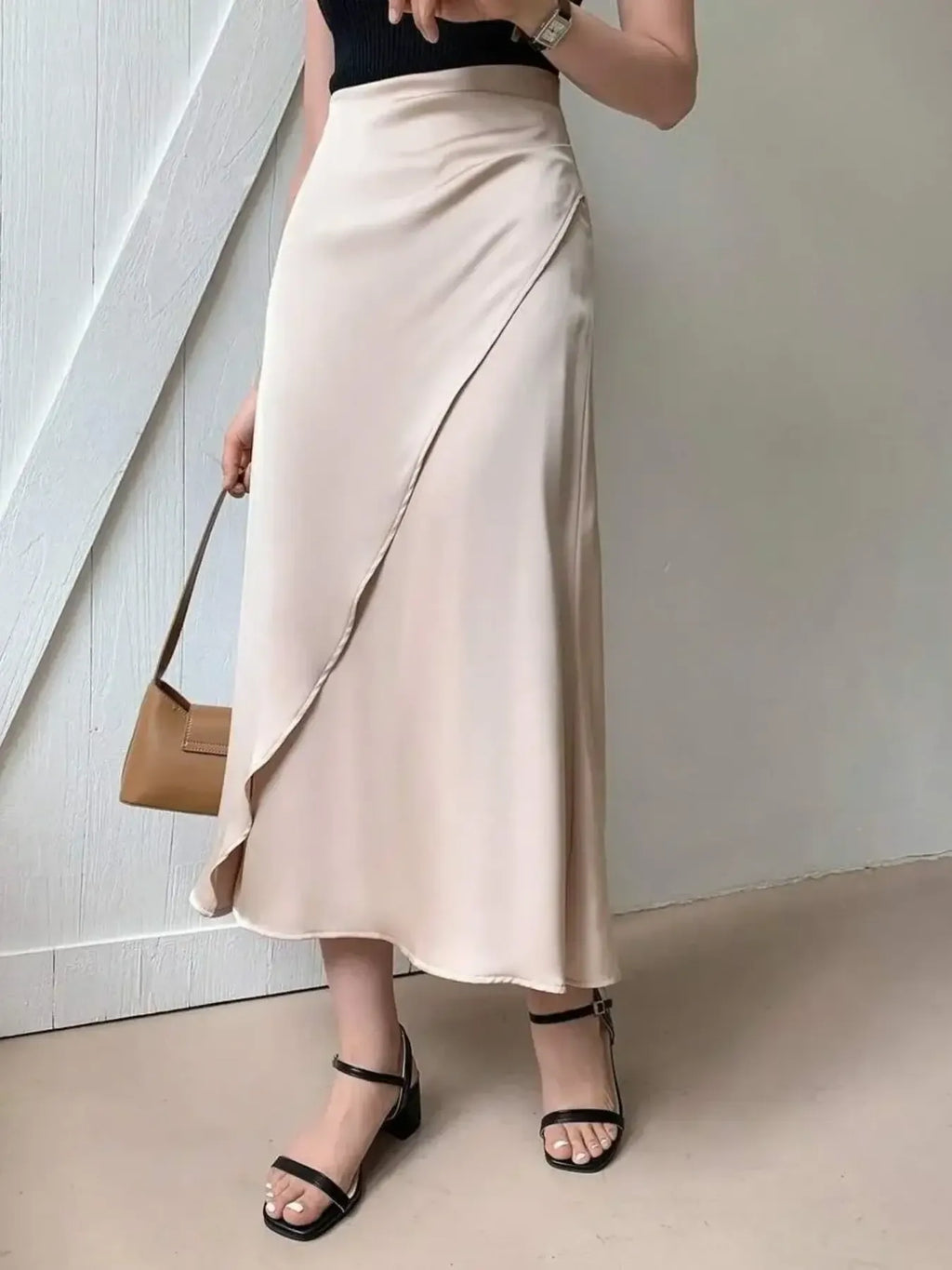 Asymmetric Wrap Midi Skirt with Fluted Hem - Girly Tea
