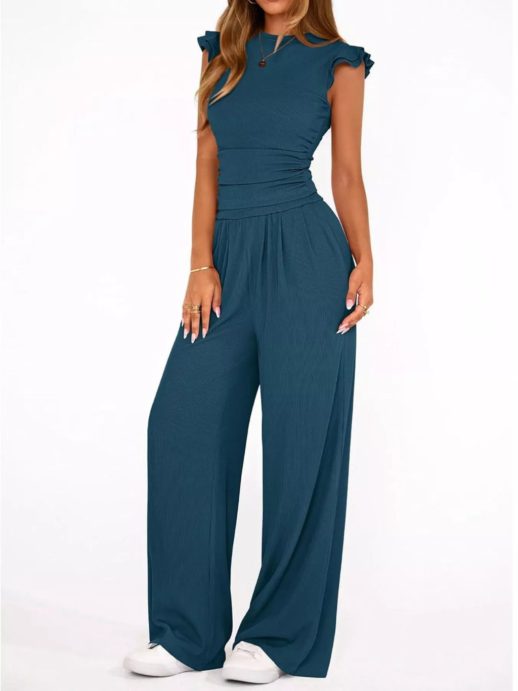 Ruffled Mock Neck Top and Wide Leg Pants Set - Girly Tea