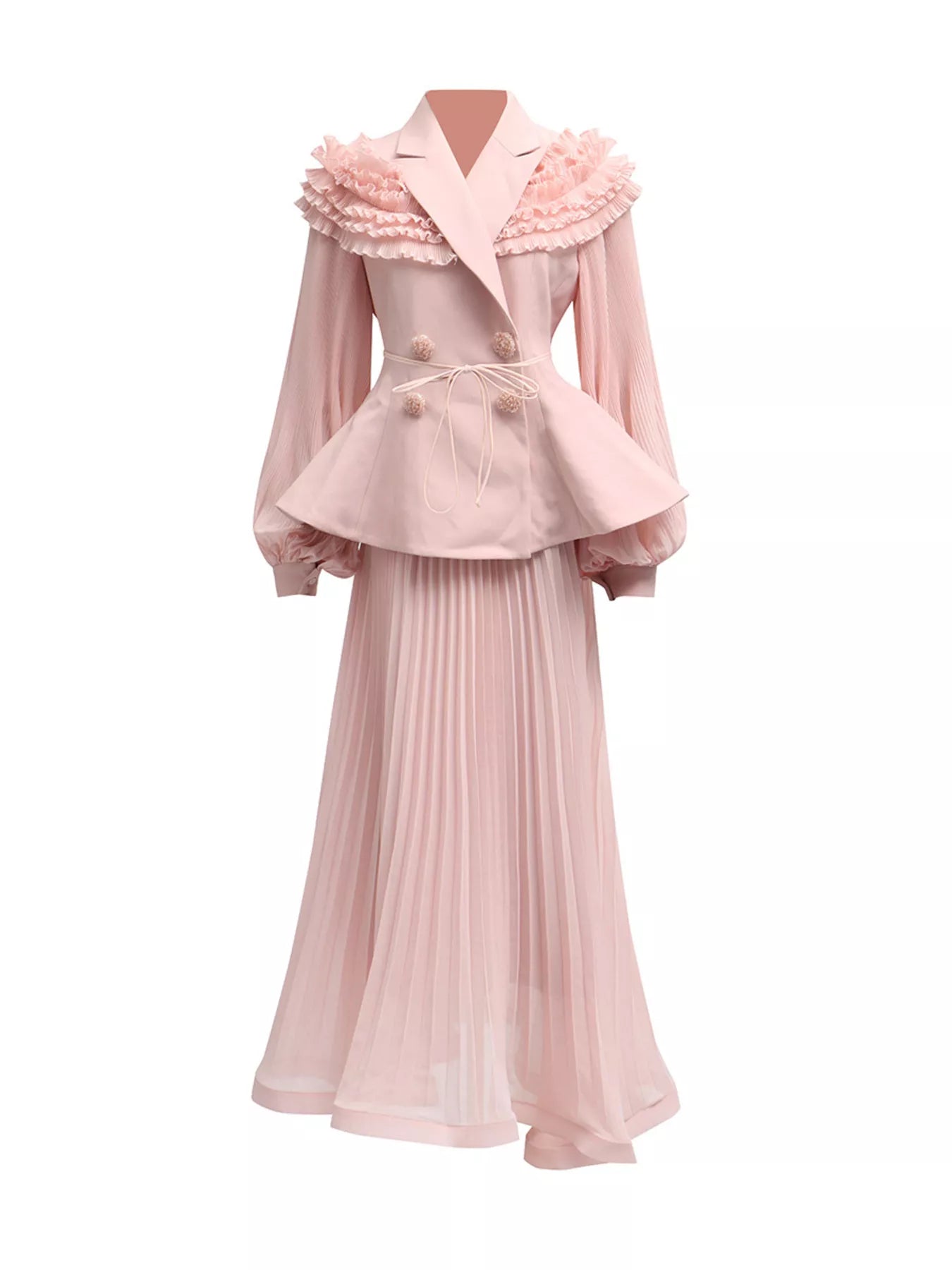 Frill Lapel Collar Top and Pleated Skirt Set - Girly Tea