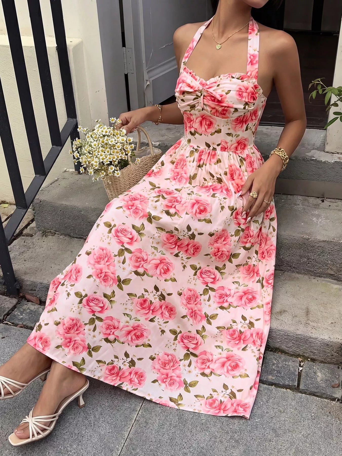 Floral Print Halter Neck Midi Dress - Girly Tea