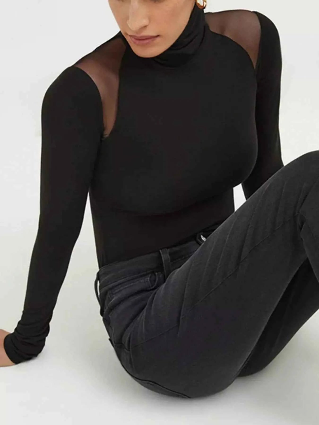 Mesh Shoulder Turtleneck Bodysuit