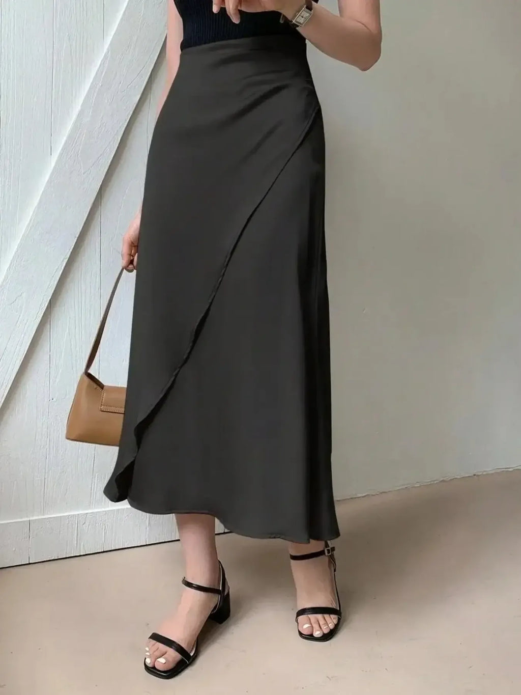 Asymmetric Wrap Midi Skirt with Fluted Hem - Girly Tea