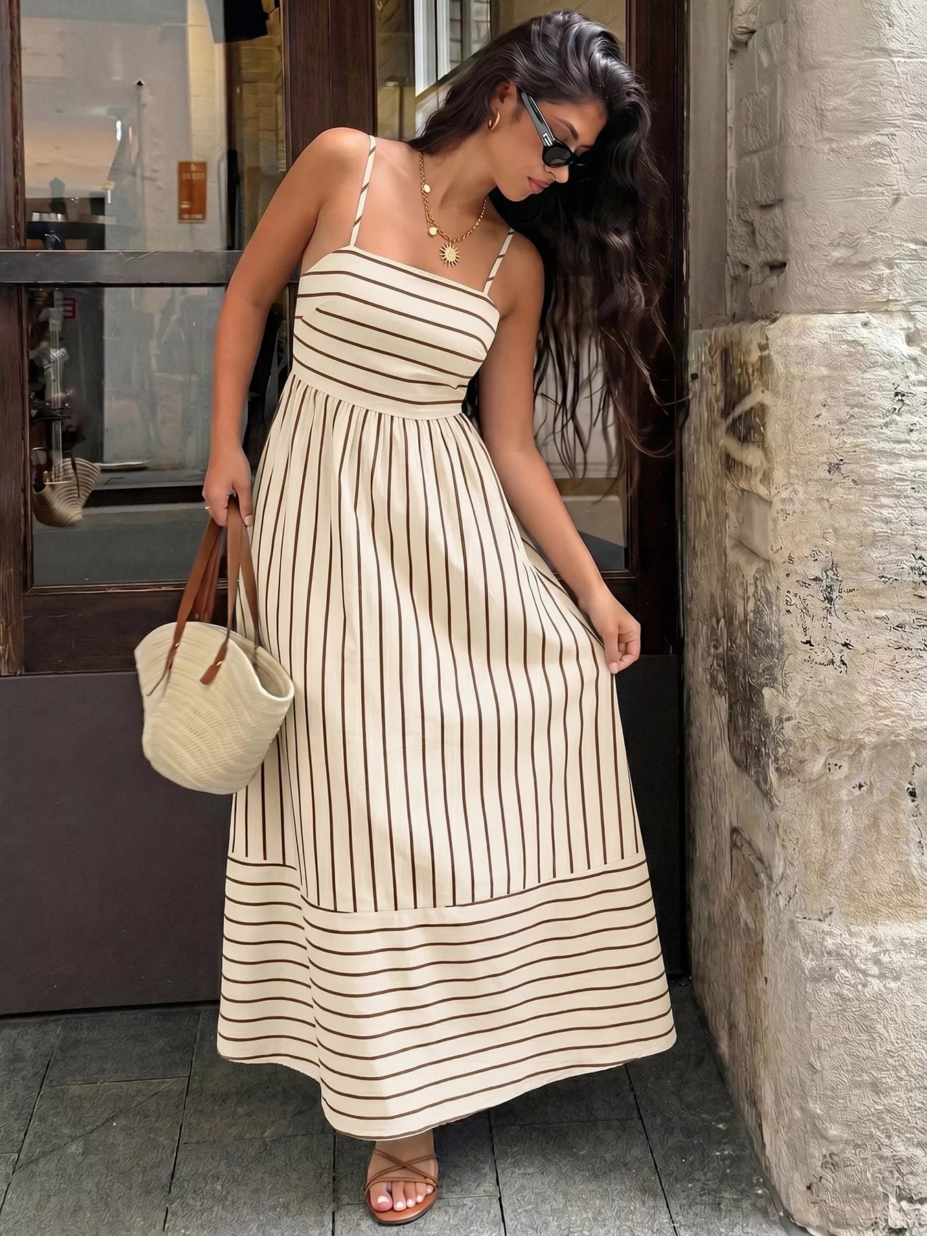 Striped Print Spaghetti Strap Maxi Dress - Girly Tea
