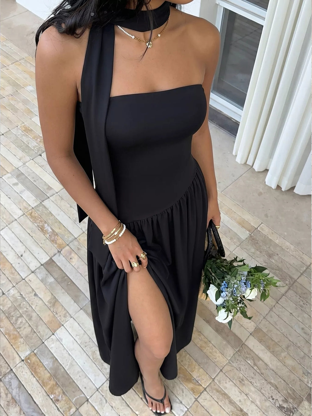 Slit Tube Maxi Dress with Scarf - Girly Tea