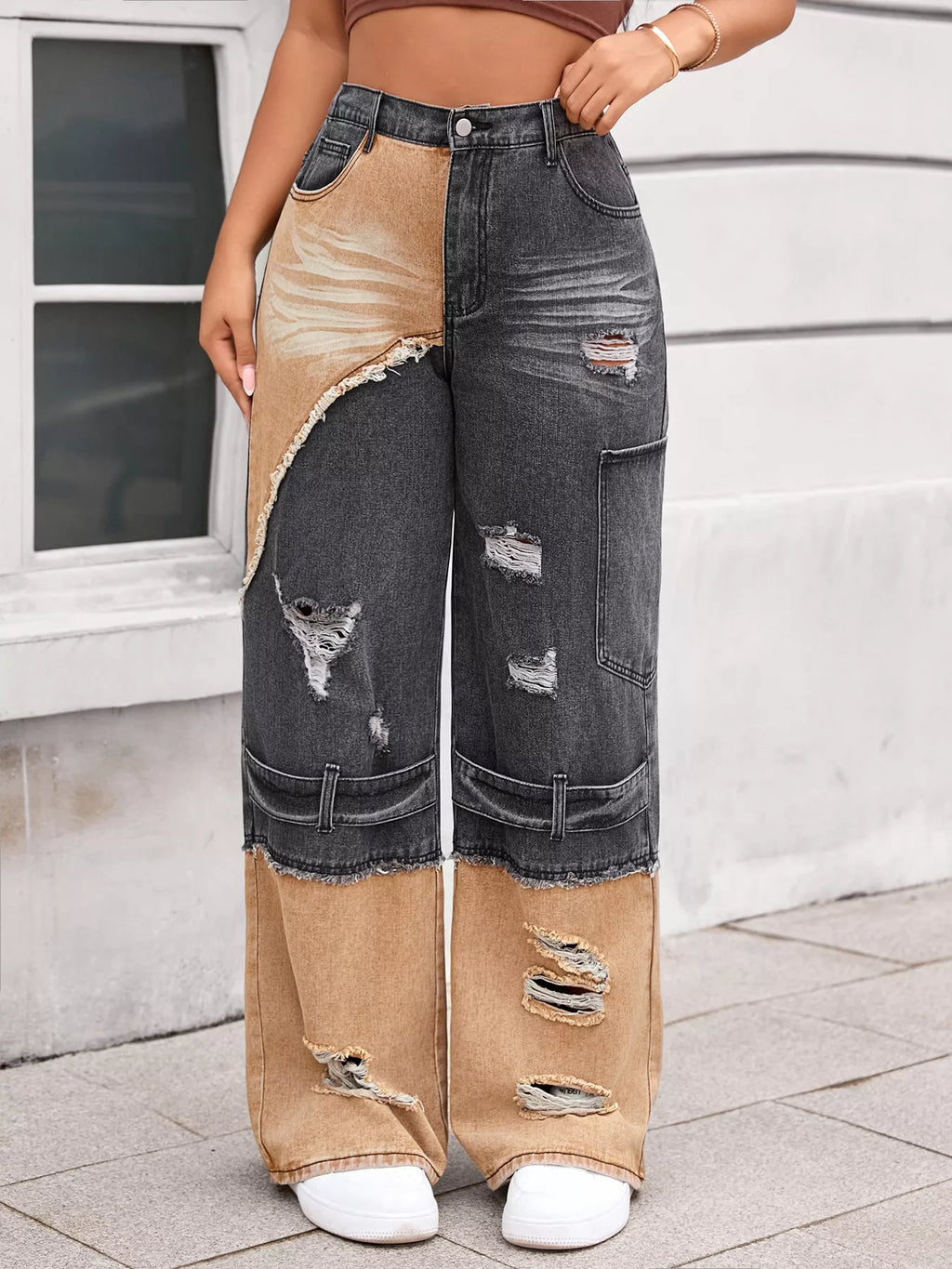 Two-Tone Ripped Wide Leg Jeans - Girly Tea