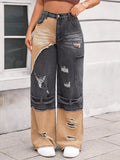 Two-Tone Ripped Wide Leg Jeans - Girly Tea