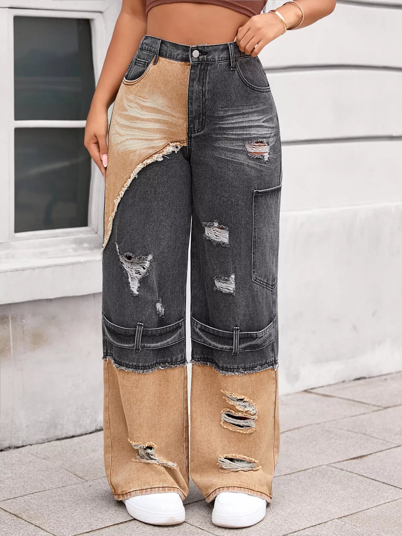 Two-Tone Ripped Wide Leg Jeans - Girly Tea