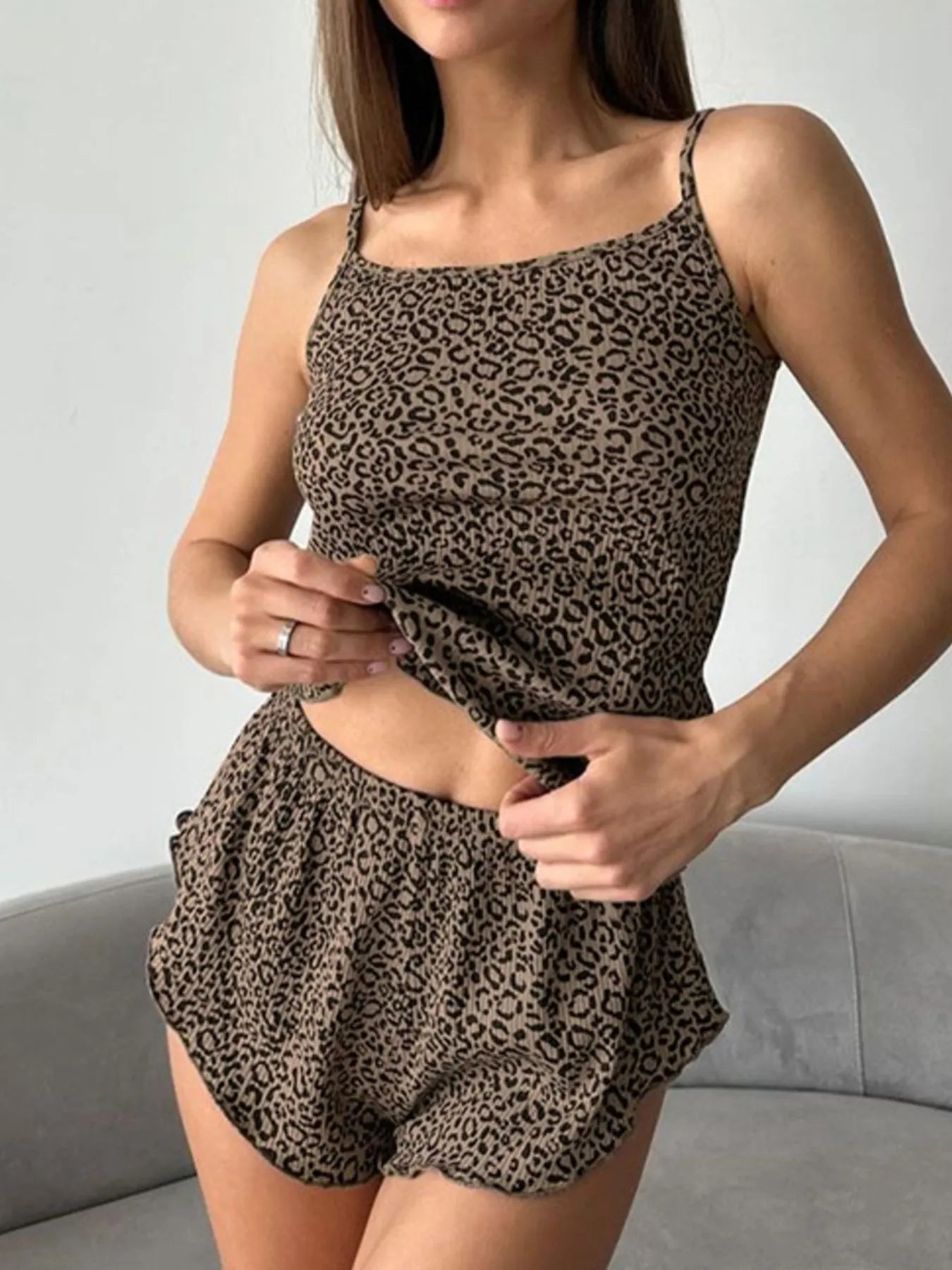 Leopard Cami Cardigan and Shorts 3-Piece Set - Girly Tea
