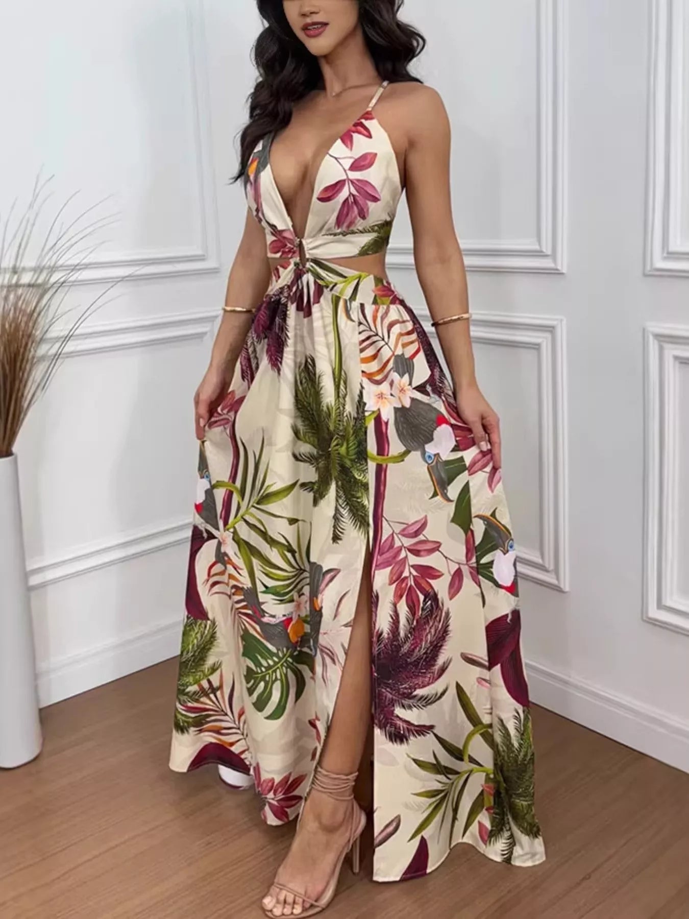 Tropical Print Plunge Cutout Slit Maxi Dress - Girly Tea
