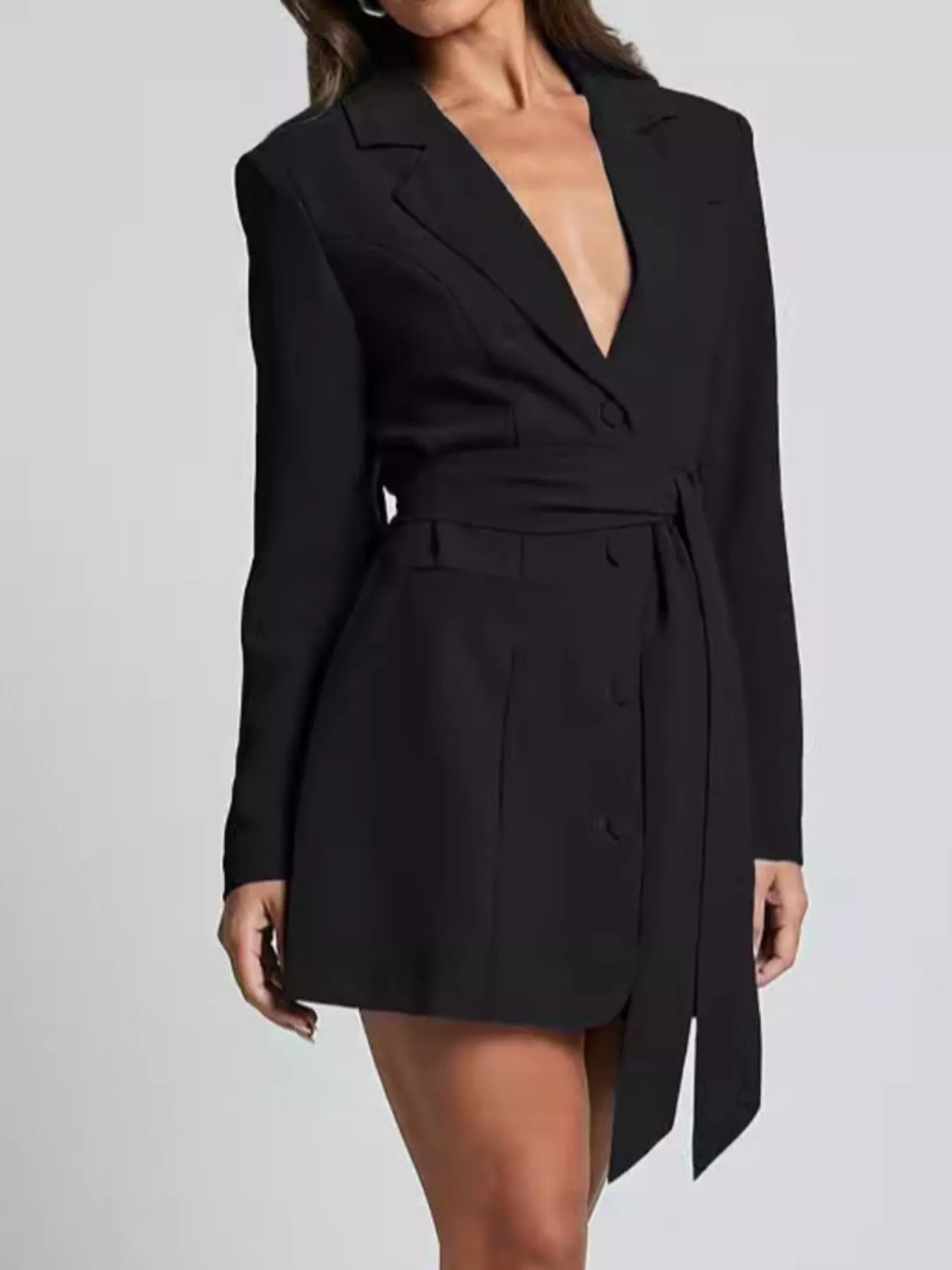 Lapel Collar Tie Waist Blazer - Girly Tea