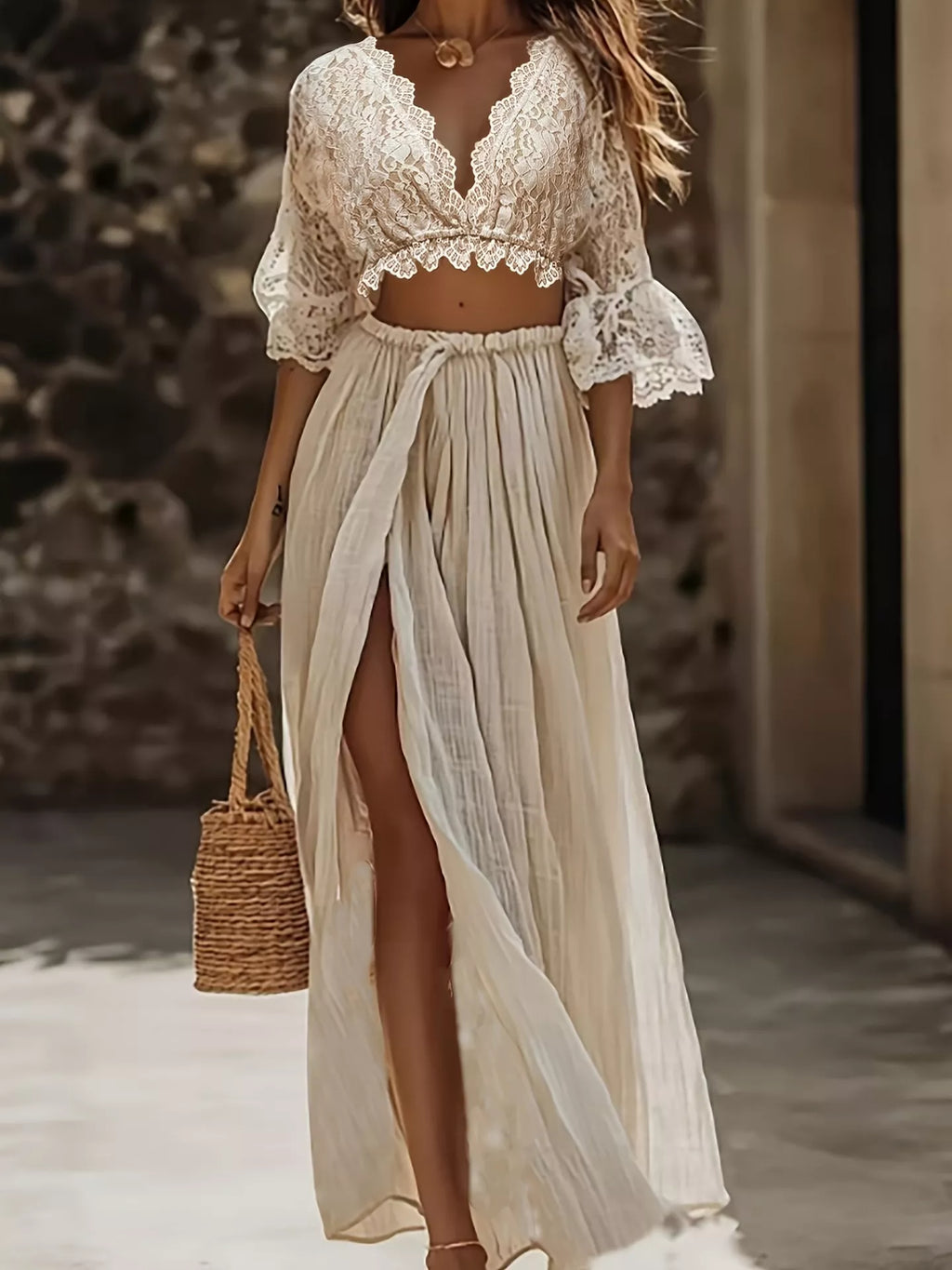 Lace Crop Top and Slit Maxi Skirt Set - Girly Tea
