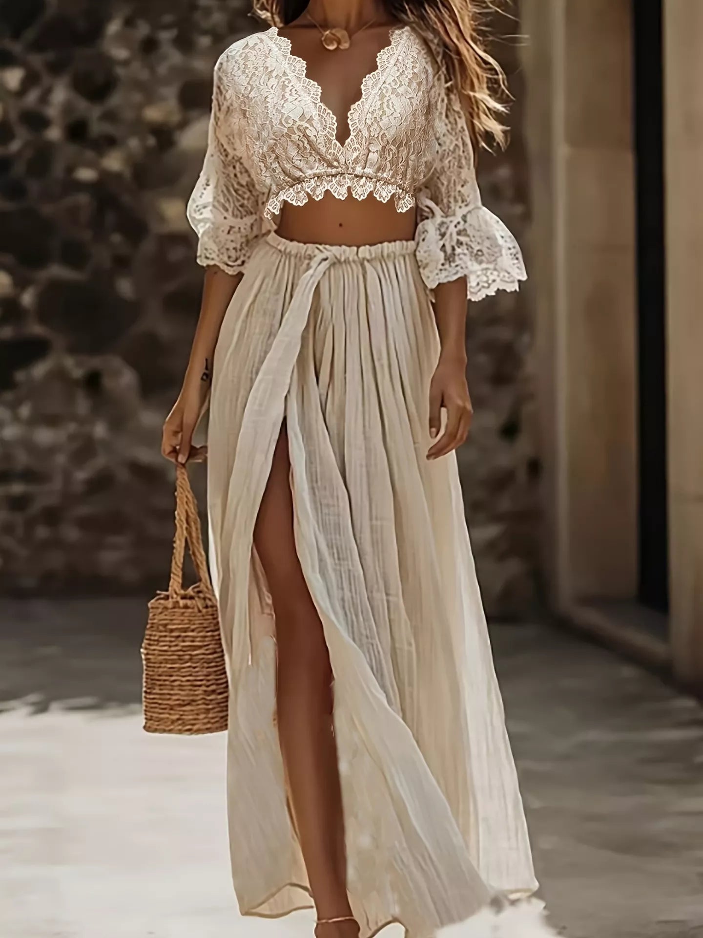 Lace Crop Top and Slit Maxi Skirt Set - Girly Tea