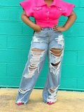 Full Size Distressed Wide Leg Jeans Plus Size - Girly Tea