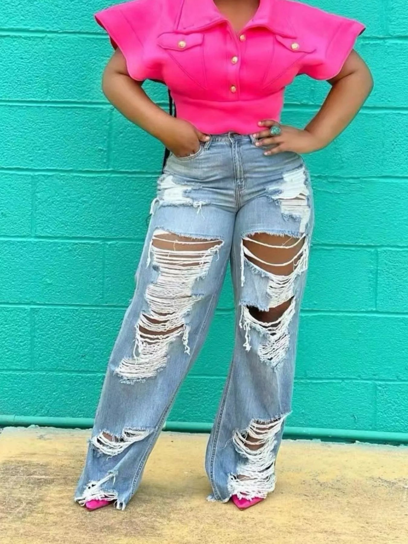 Full Size Distressed Wide Leg Jeans Plus Size - Girly Tea