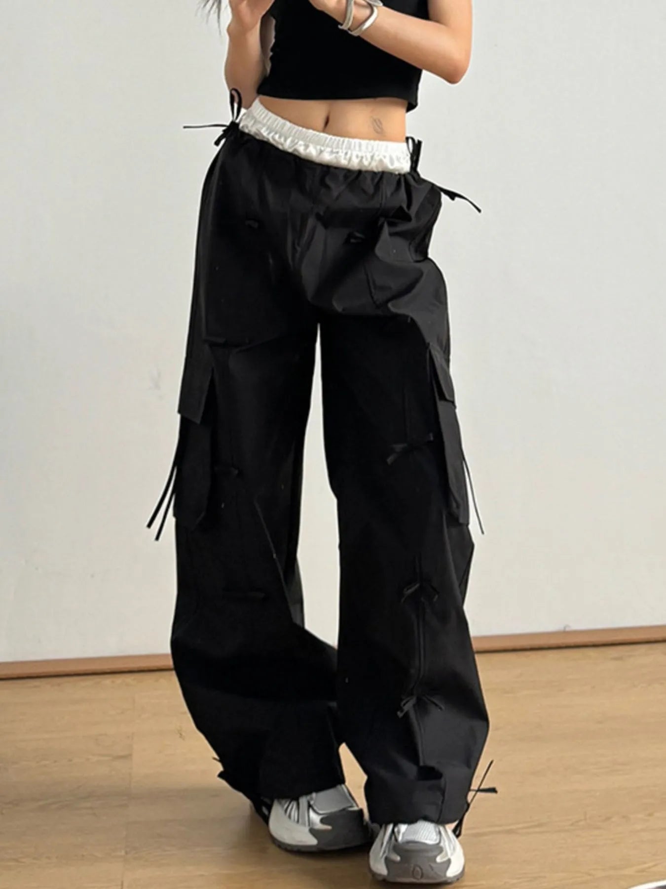 Bow Elastic Waist Cargo Pants - Girly Tea