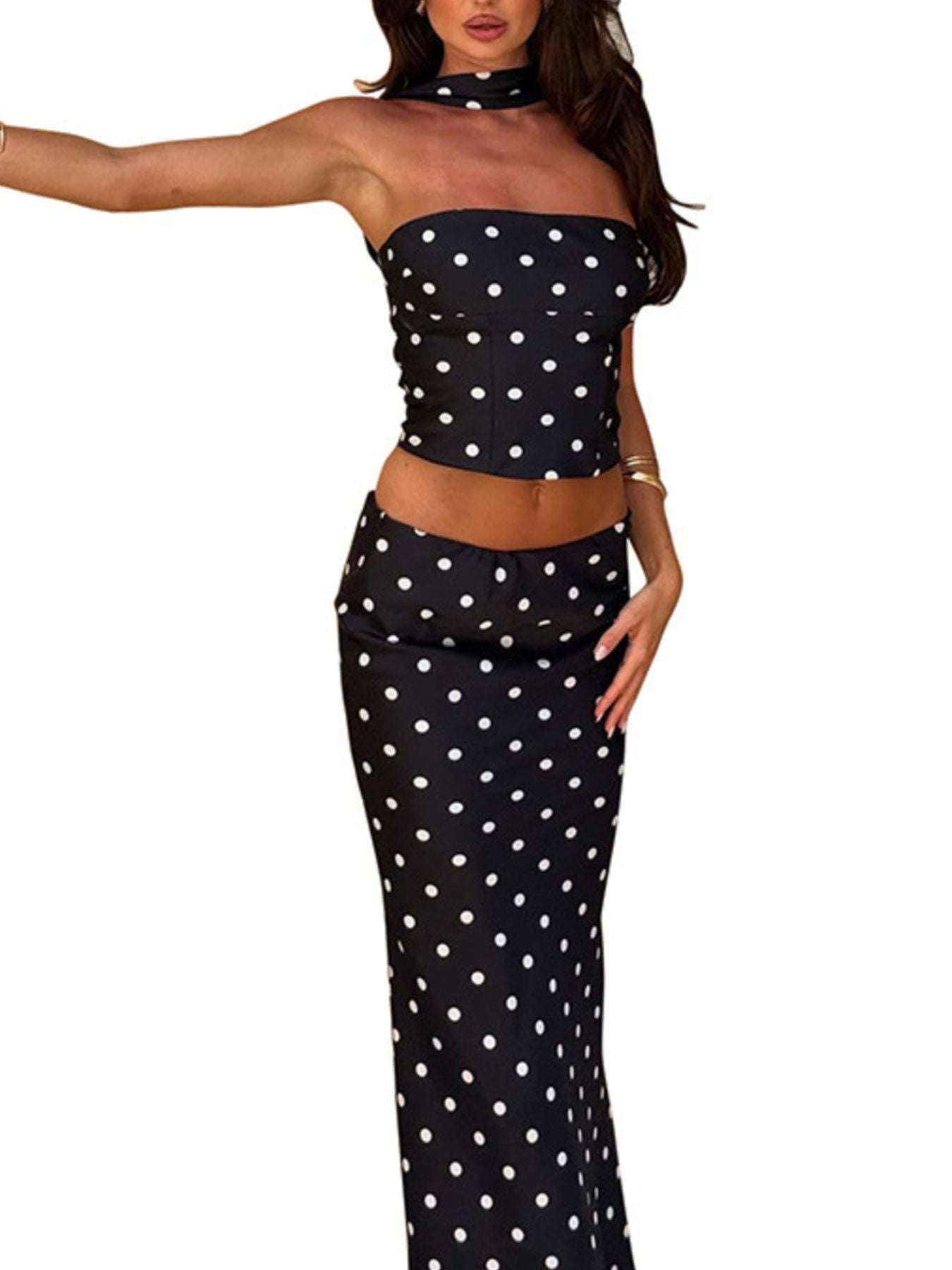 Polka Dot Tube Top and Maxi Skirt Set - Girly Tea