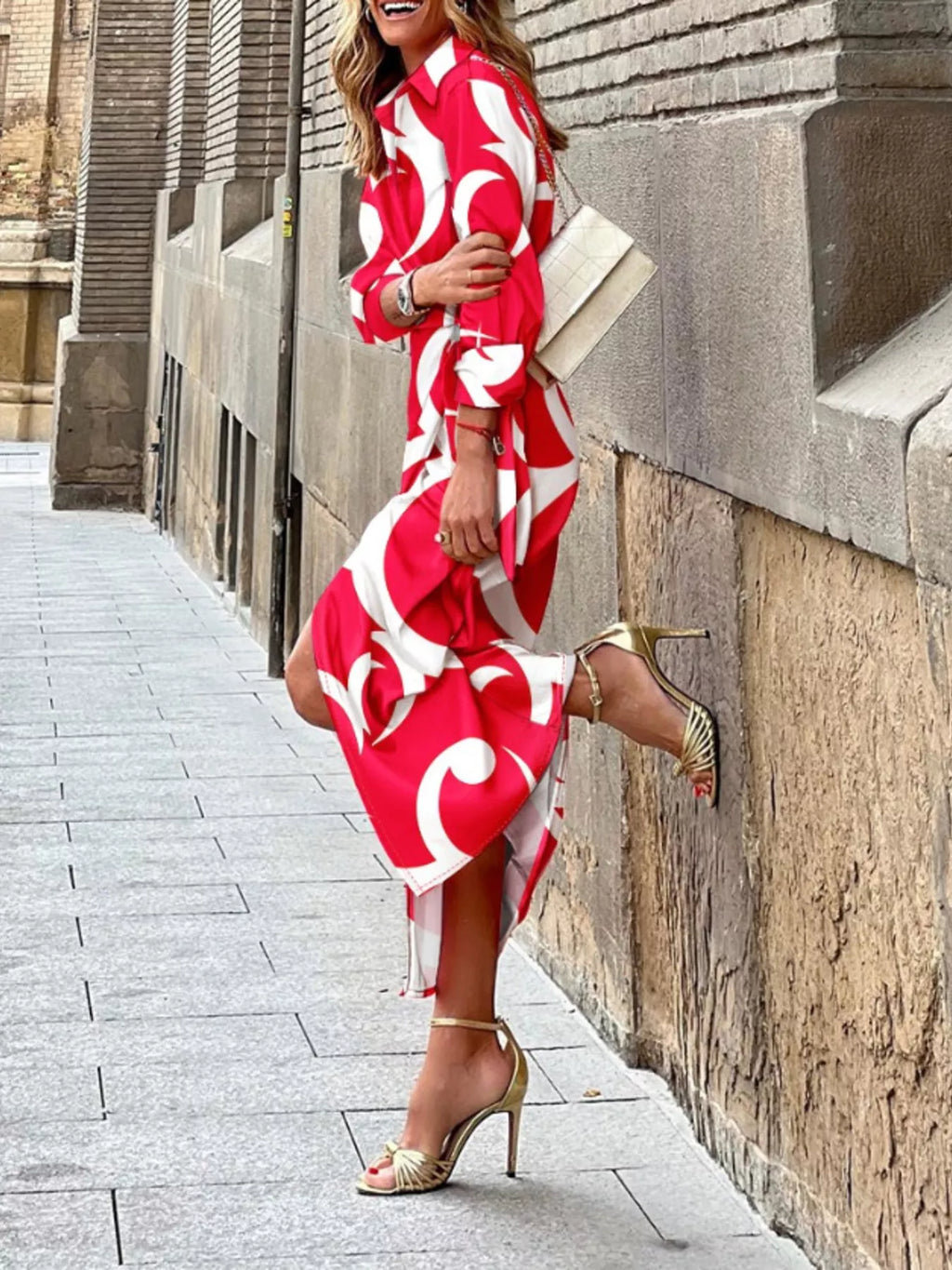 Printed Collared Neck Shirt Dress - Girly Tea