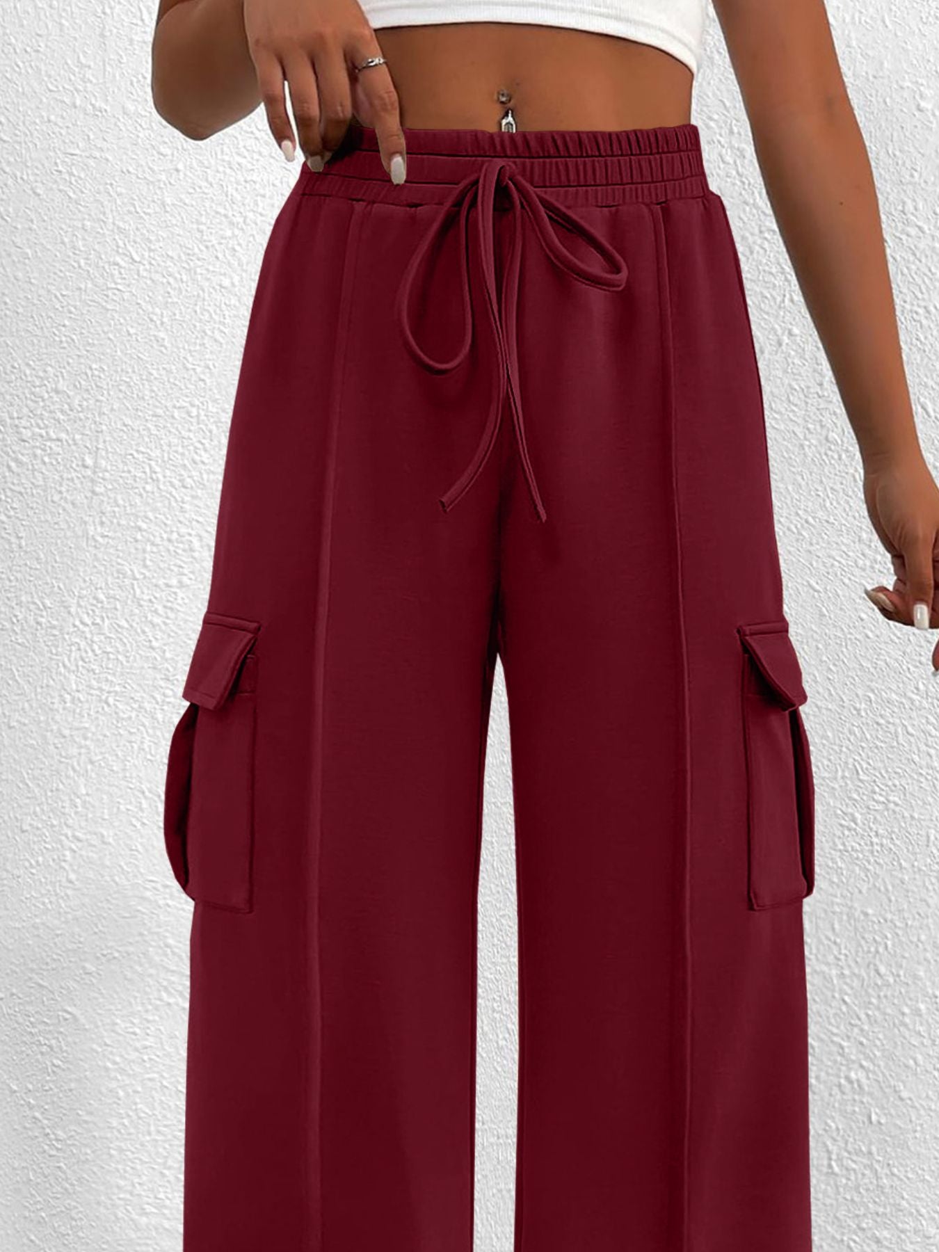 Casual High Waist Cargo Pants with Drawstring - Girly Tea