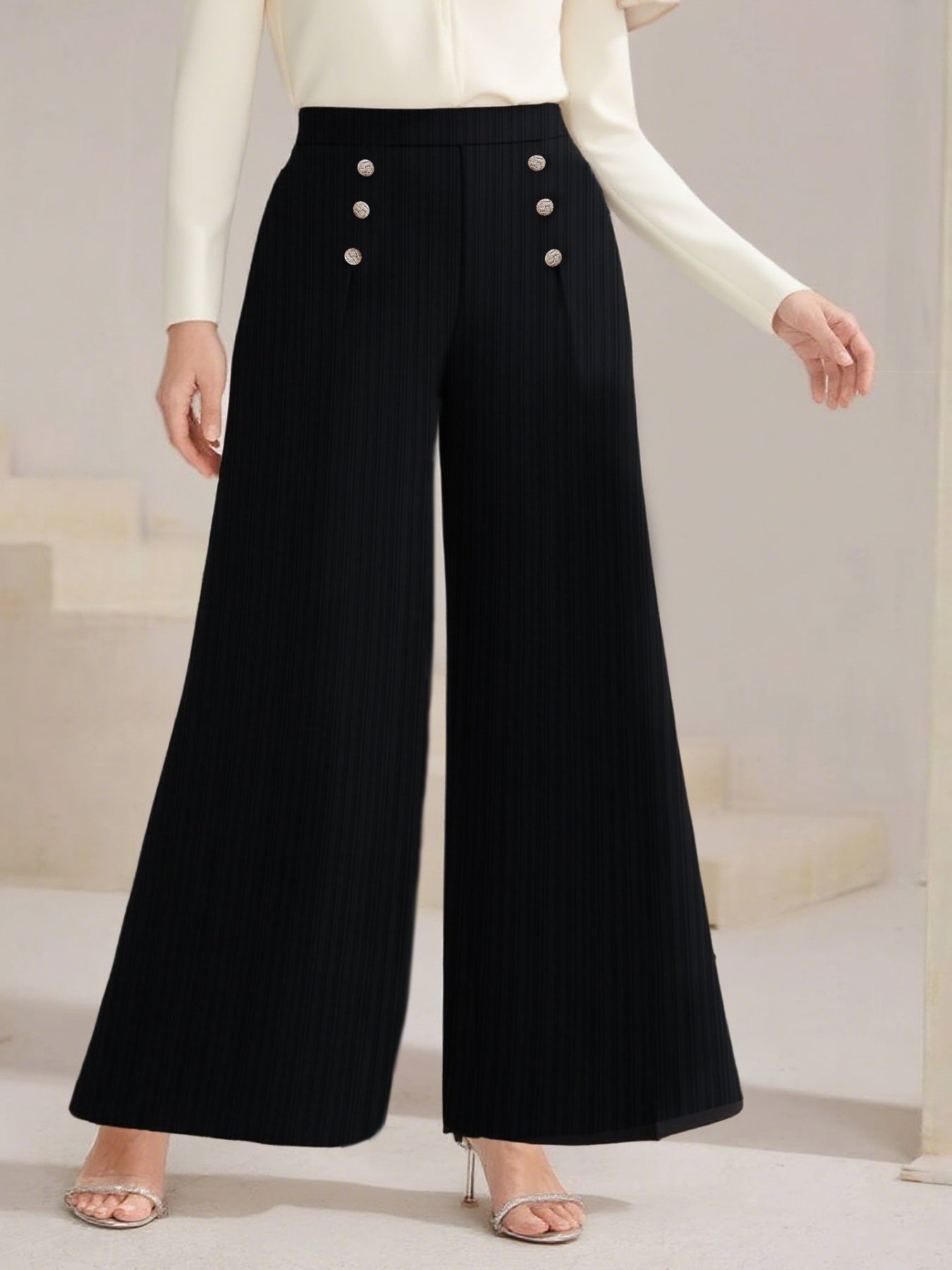 Plus Size High Waist Wide Leg Button Decor Pants - Girly Tea