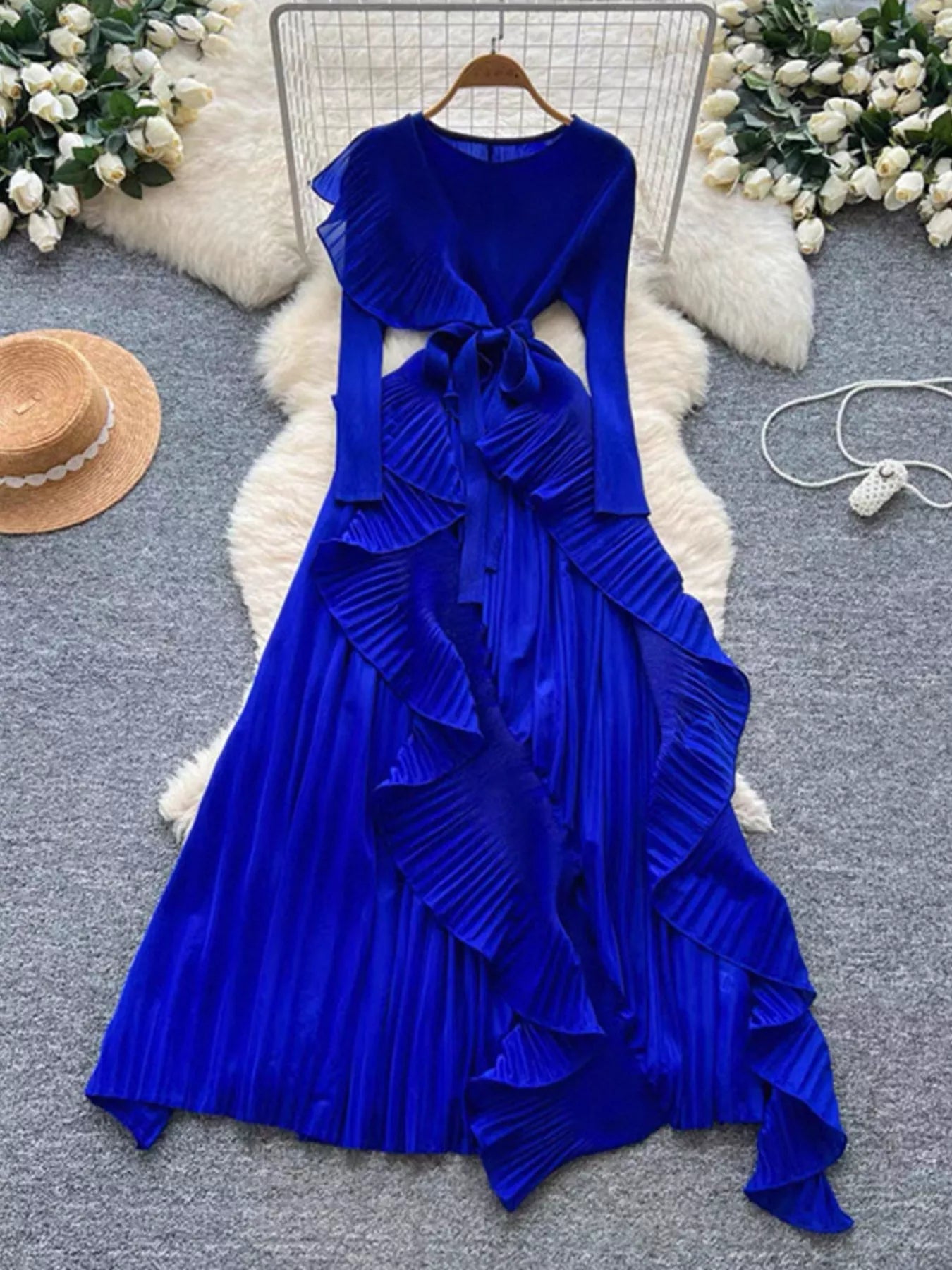 Ruffle Trim Pleated Midi Dress - Girly Tea