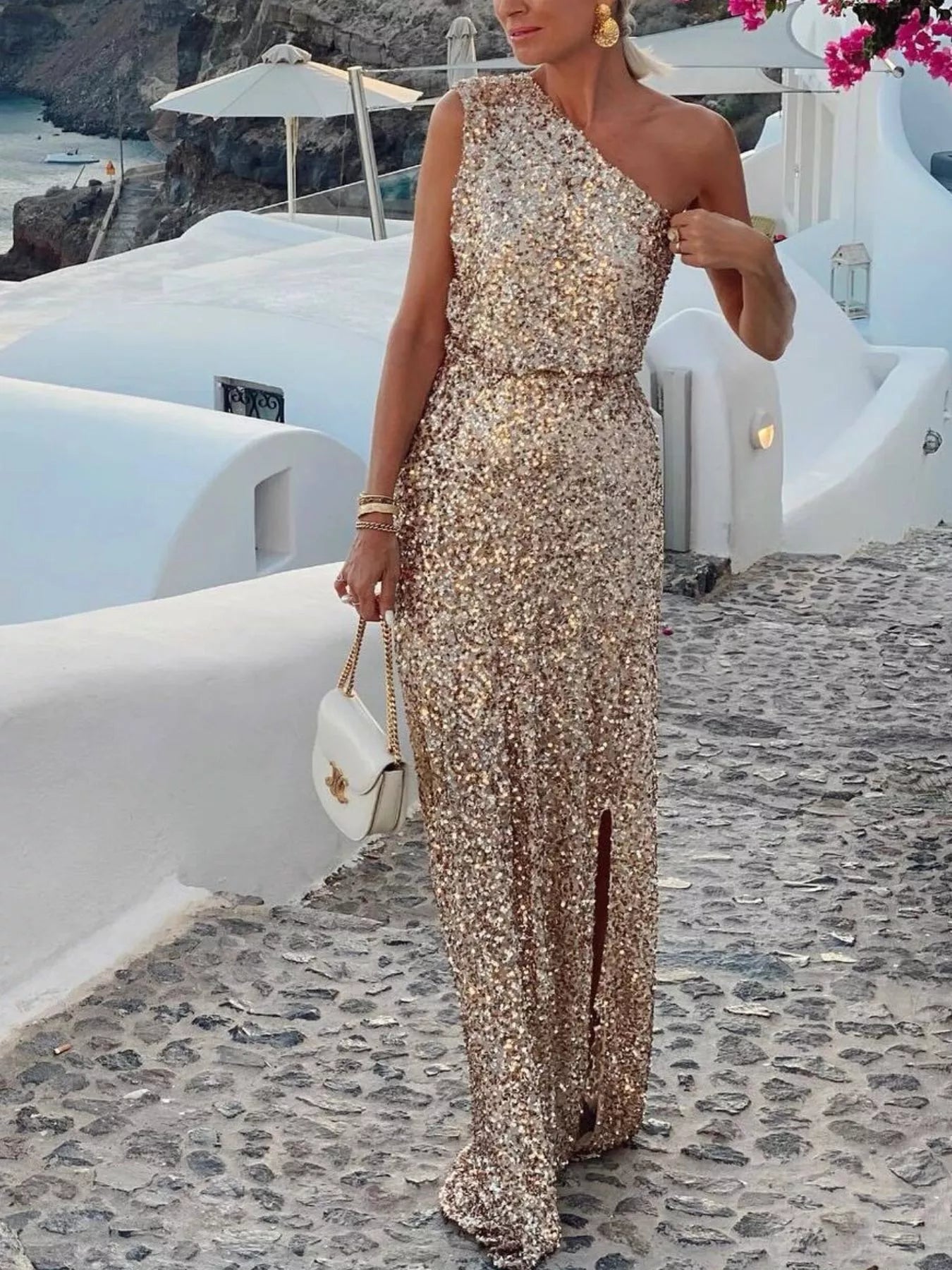 Sequin One-Shoulder Slit Maxi Dress - Girly Tea
