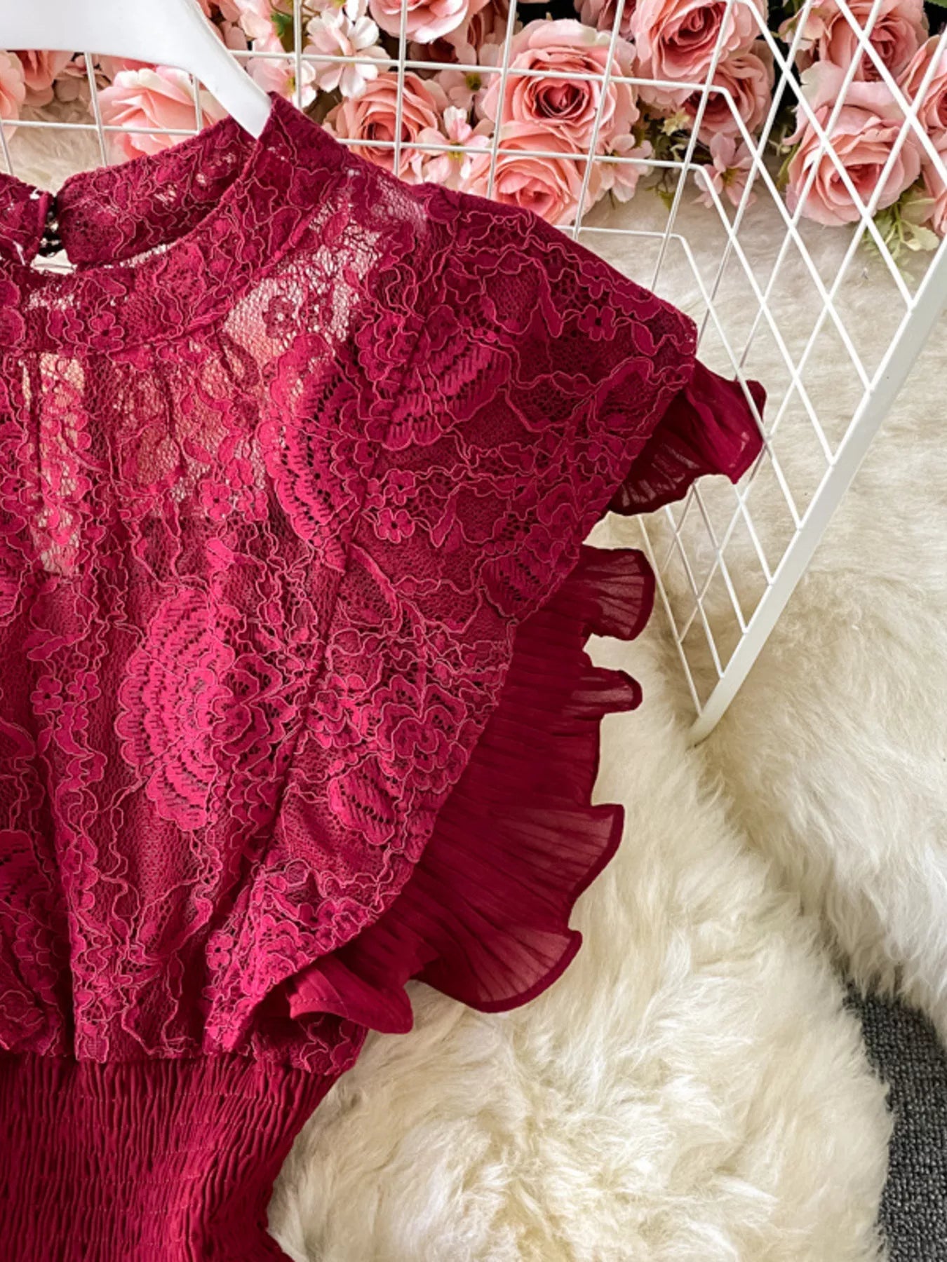 Ruffled Mock Neck Lace Maxi Dress - Girly Tea