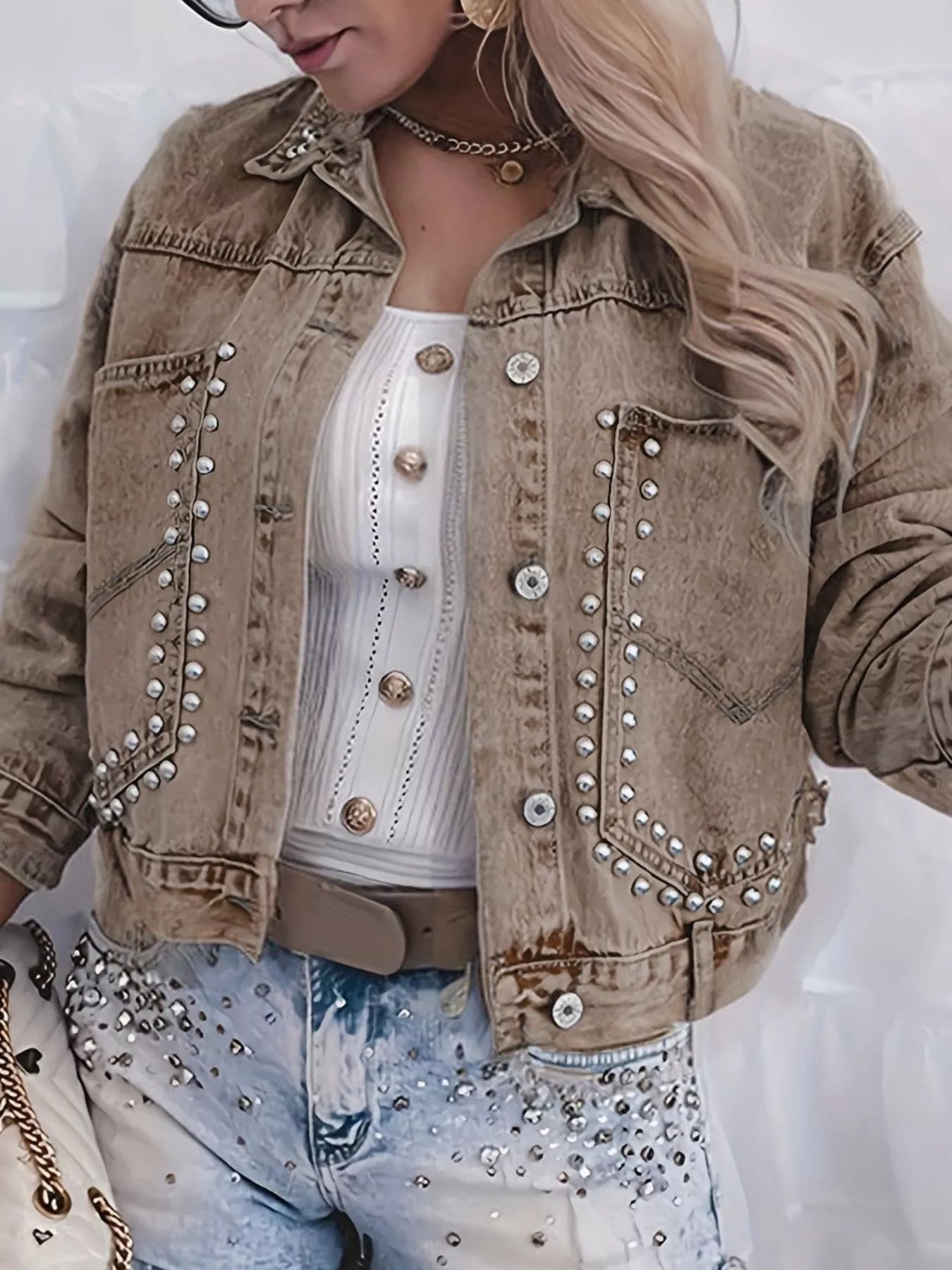 Studded Button Up Wash Denim Jacket - Girly Tea