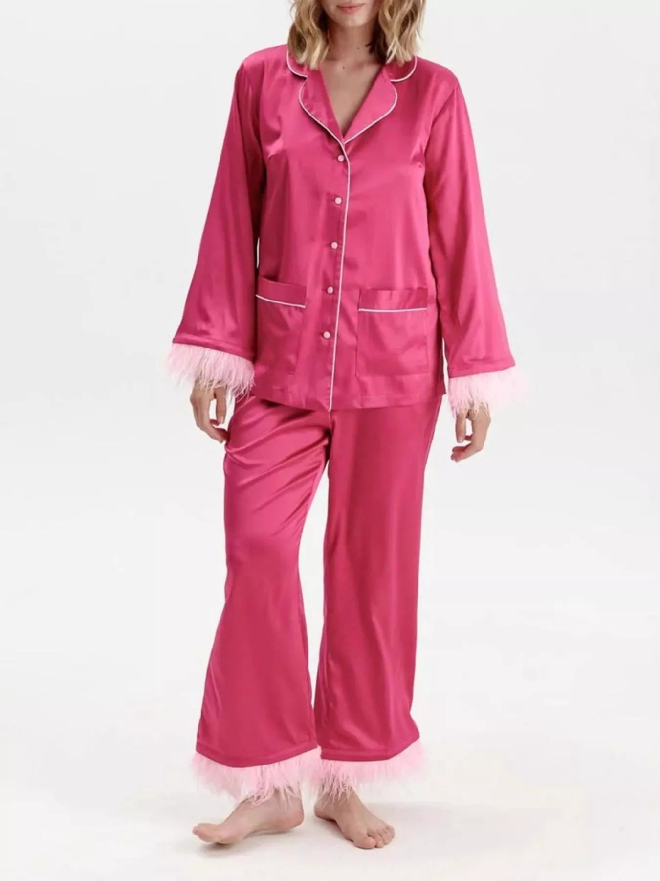 Silky Button Up Top and Pants Lounge Set - Girly Tea
