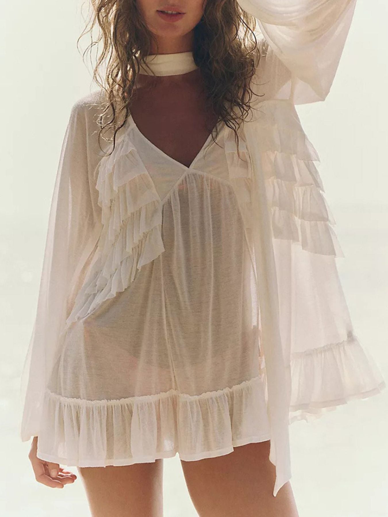 Sheer Ruffle Trim Beach Cover-Up - Girly Tea