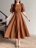 Belted Puff Sleeve Midi Dress - Girly Tea