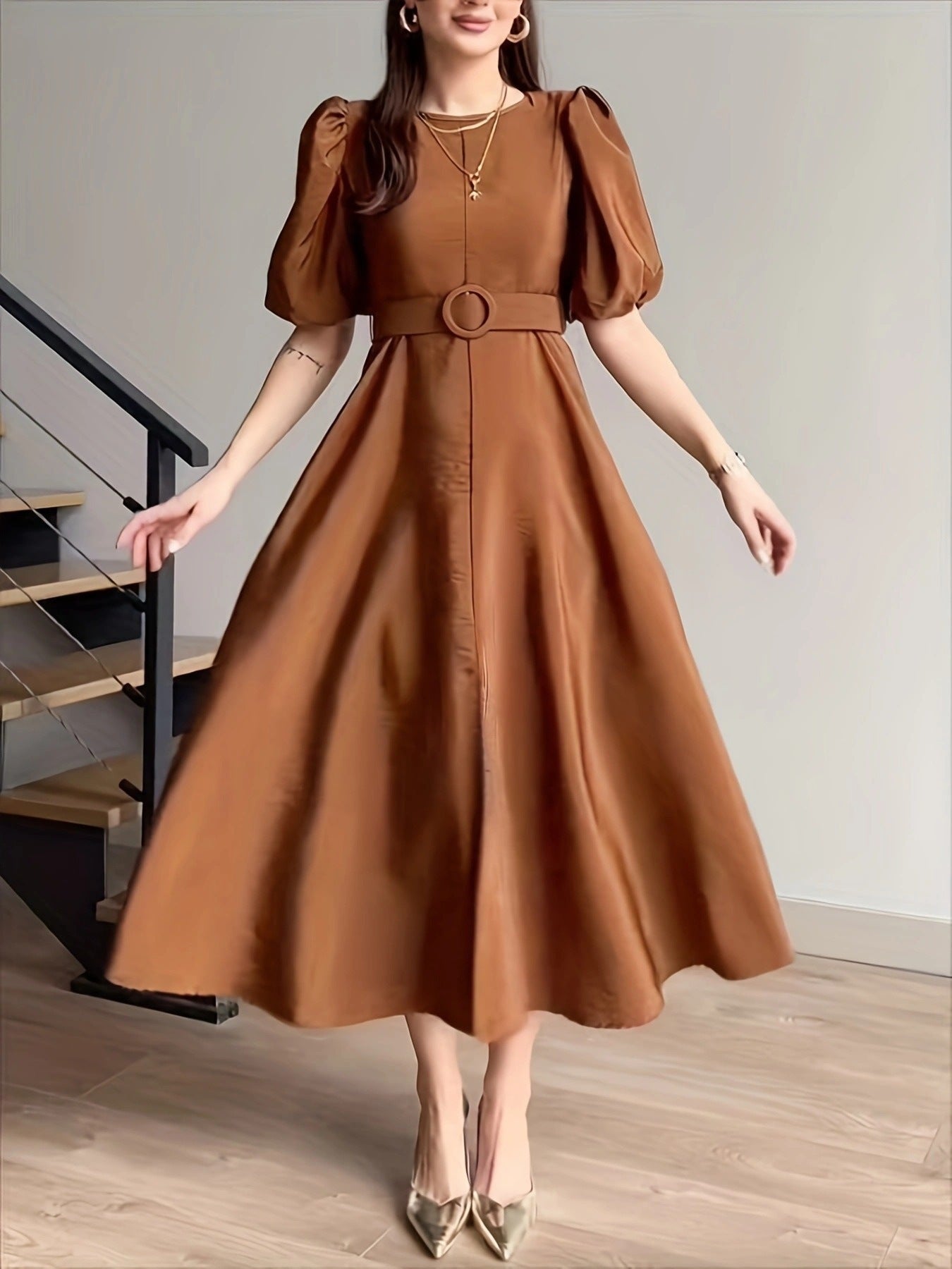Belted Puff Sleeve Midi Dress - Girly Tea