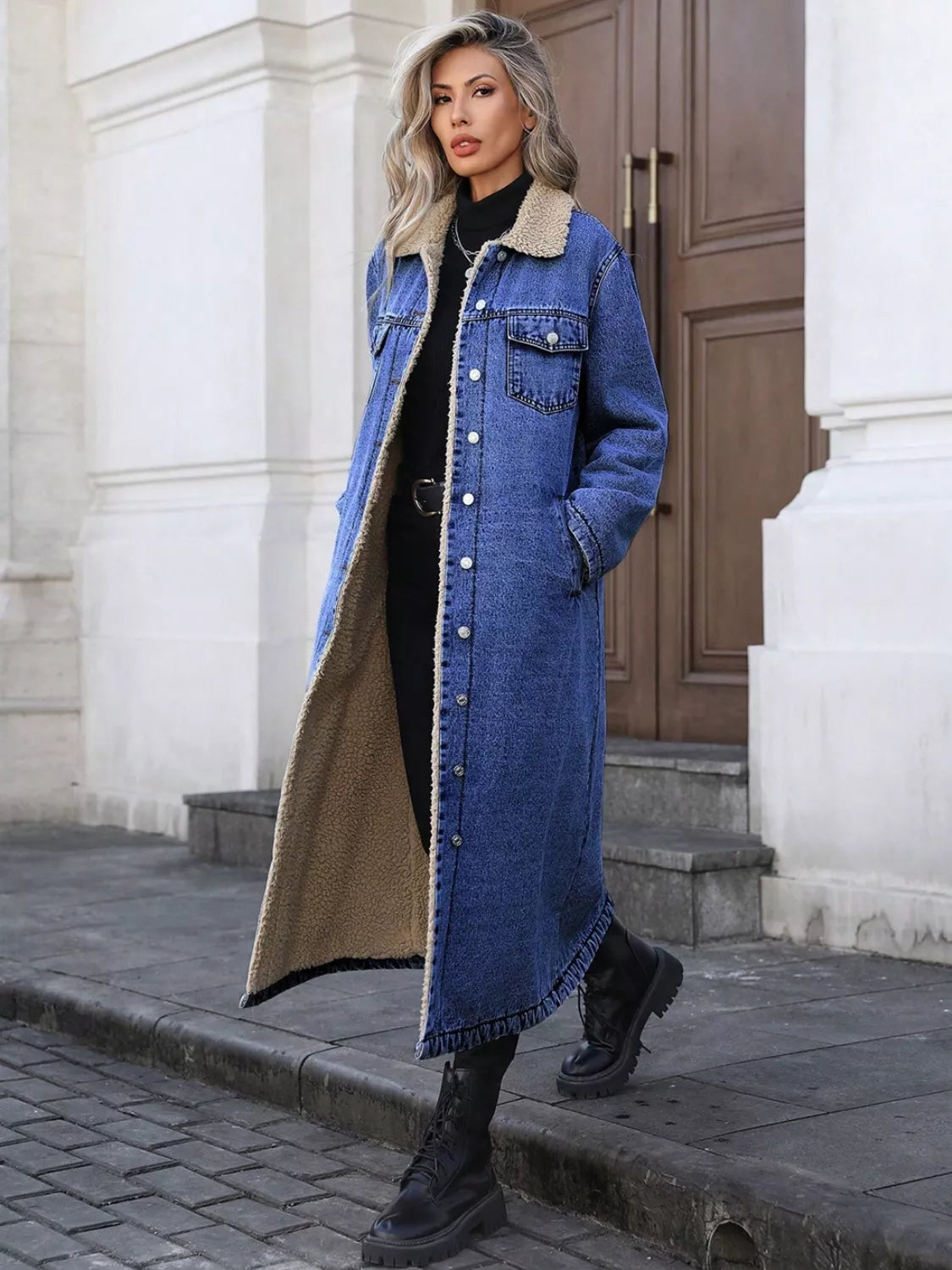 Sherpa Lined Longline Denim Jacket - Girly Tea