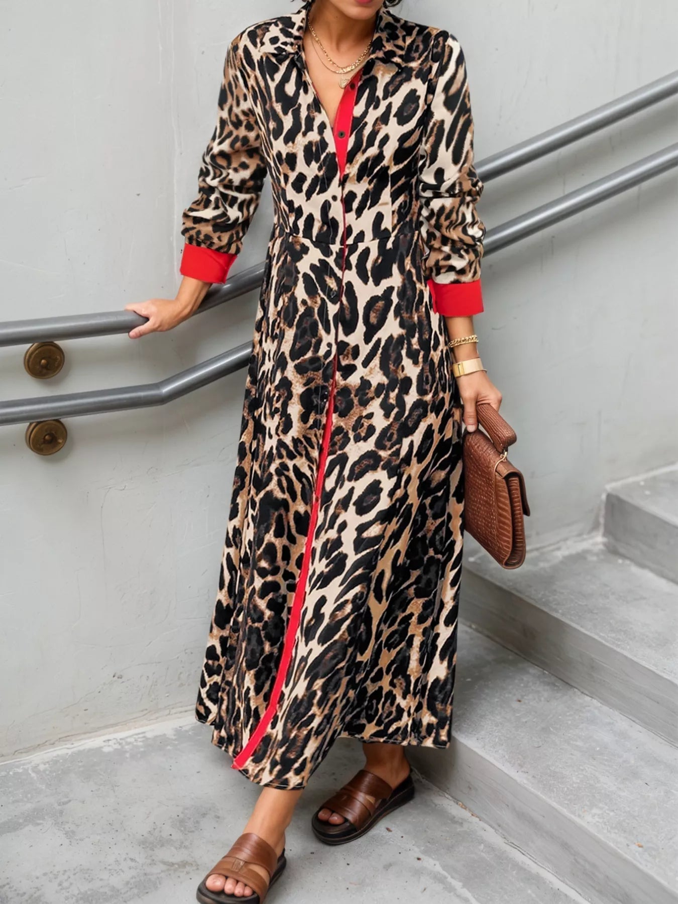 Leopard Print Long Sleeve Shirt Dress with Contrast Trim - Girly Tea