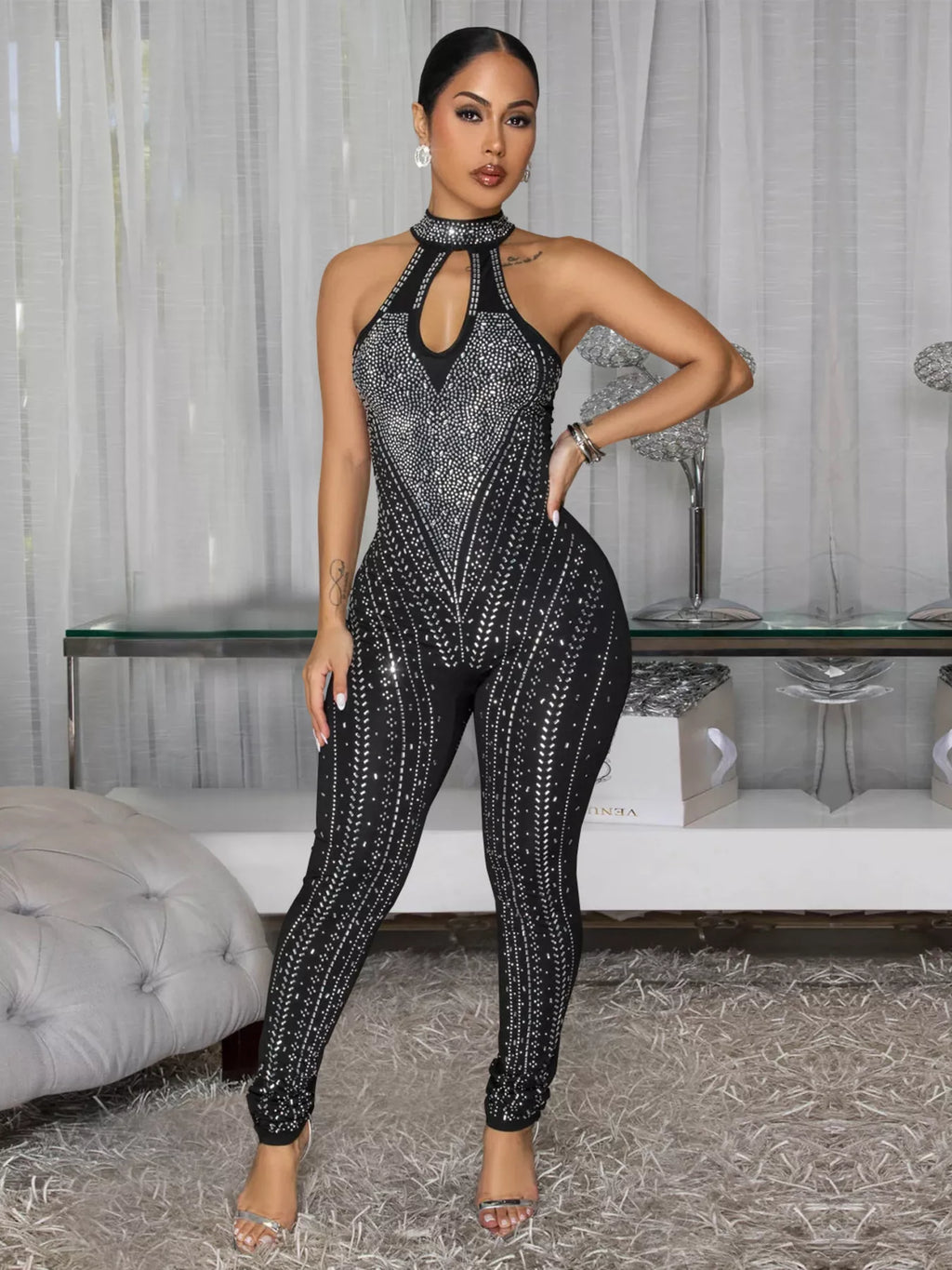 Sparkling Rhinestone Cutout Jumpsuit - Girly Tea