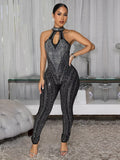 Sparkling Rhinestone Cutout Jumpsuit - Girly Tea